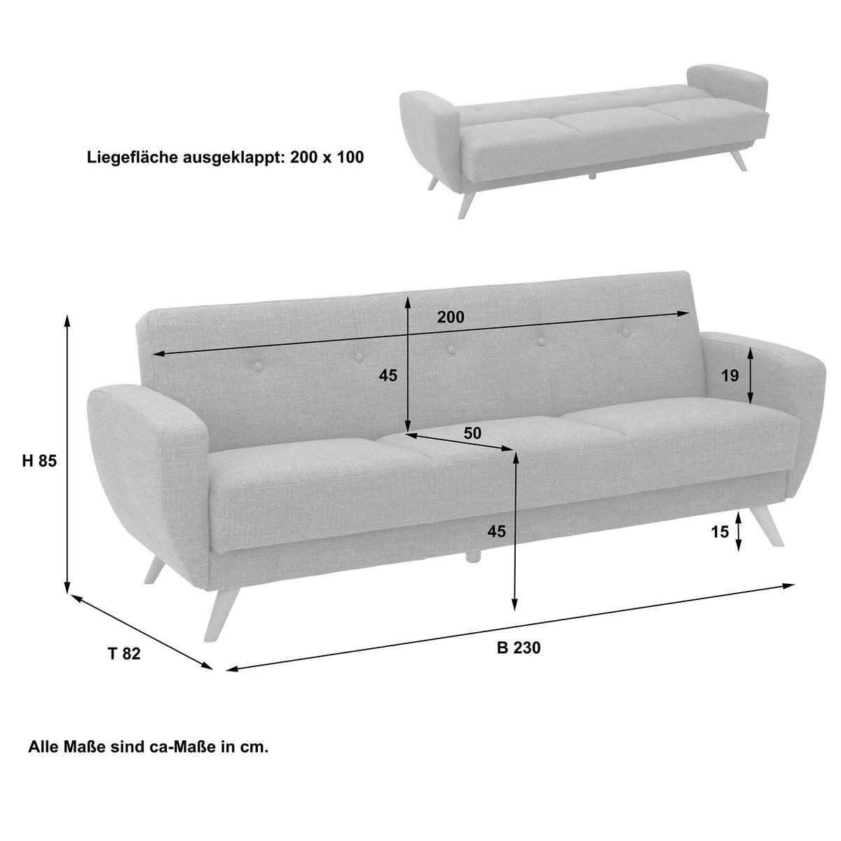 3-sitzer-sofa + Schlaffunktion Jerry Rücken Echt, Grau - Naturfarben/Grau, Design, Textil (230/85/82cm) - Max Winzer