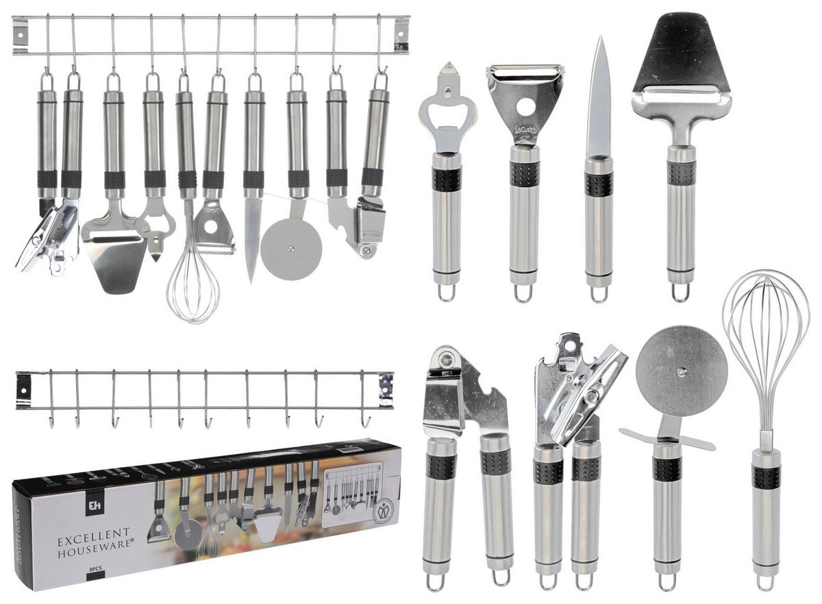 Küchenhelferset 9-Tlg. Edelstahl mit Aufhängeöse - Silberfarben, Basics, Metall (43/9/6,8cm)