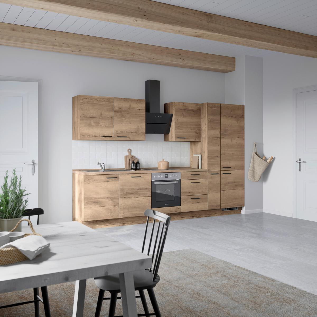Kuchyňská linka 330 cm, dekor dub Havanna - černá/tmavý dub, Moderní, kov/kompozitní dřevo (330cm) - Nobilia
