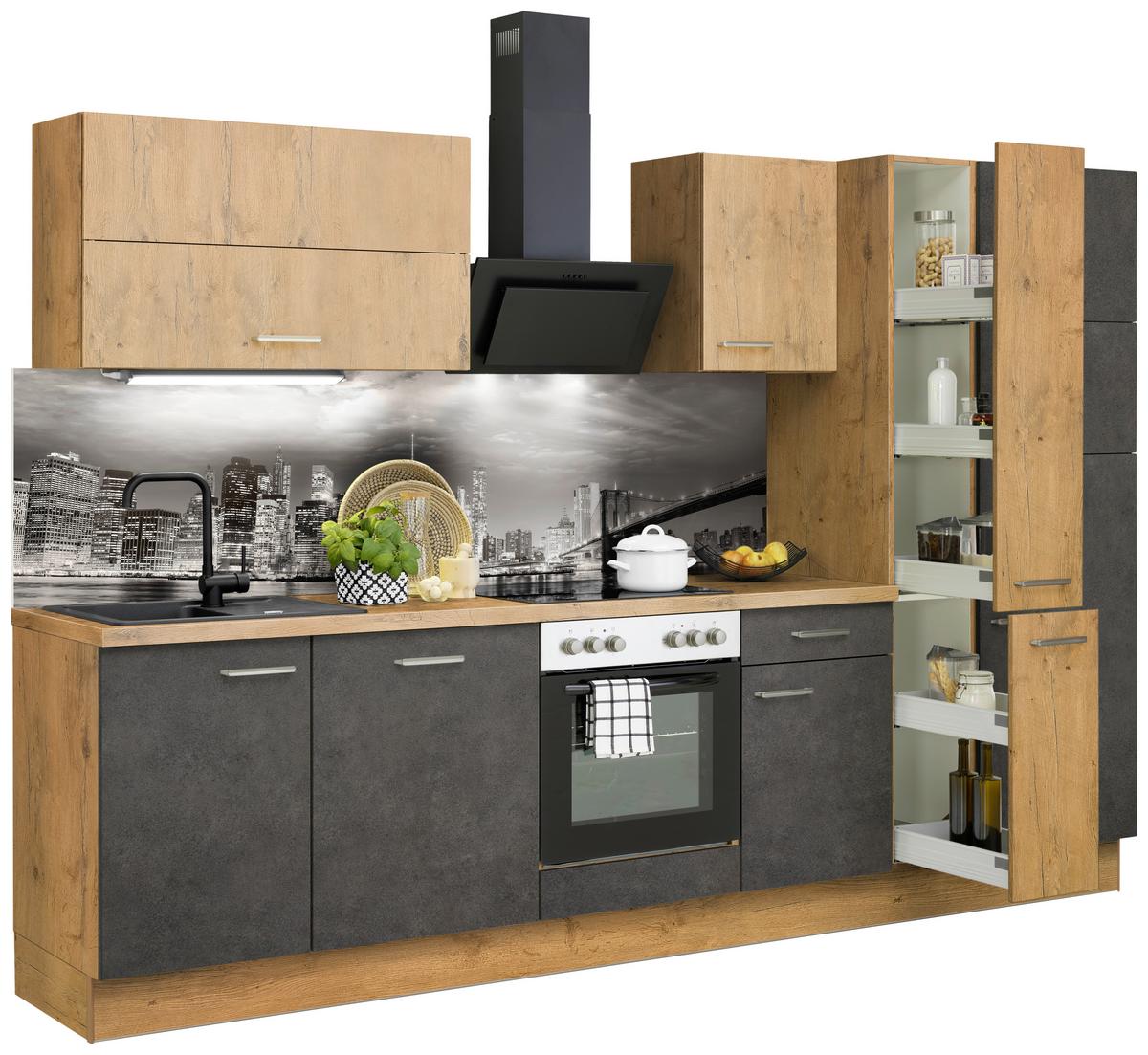 Küchenzeile Ip1200 mit Geräte B: 310 cm Grau/Eiche Dekor - Eichefarben, Basics, Holzwerkstoff (310cm) - Impuls