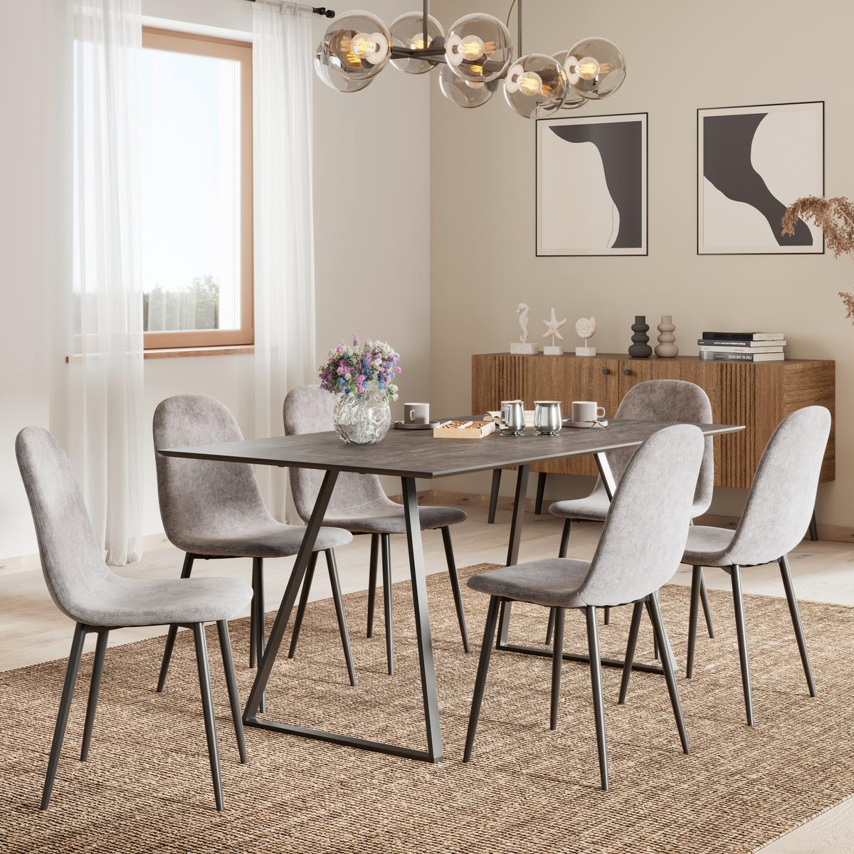 Tischgruppe Vols Giga 7-teilig Dekor grau/Webstoff grau - Schwarz/Grau, MODERN, Holzwerkstoff/Textil (160/75/90cm)