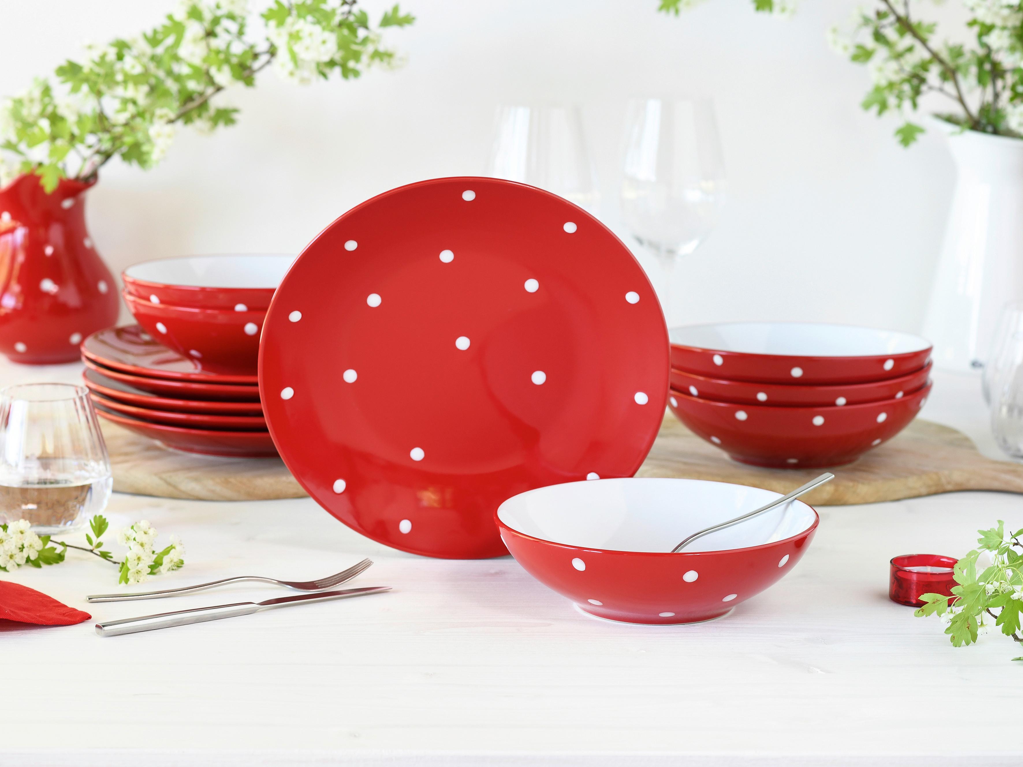 Tafelservice Polka Dots Rot/weiß, 6 Pers., 12-Teilig - Rot/Weiß, Basics, Keramik - Creatable