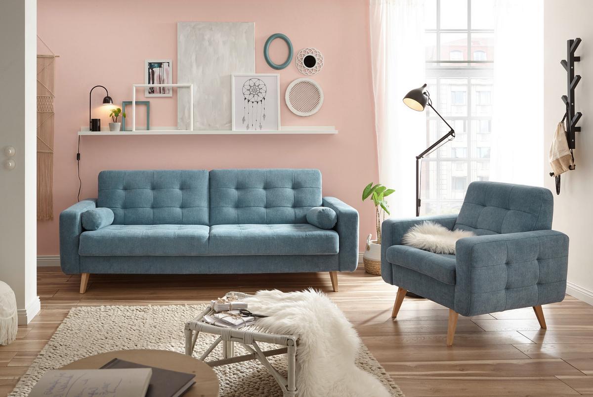 Schlafsofa Mit Bettkasten Und Kissen Fjord, Webstoff - Blau/Eichefarben, MODERN, Textil (222/86/90cm) - MID.YOU