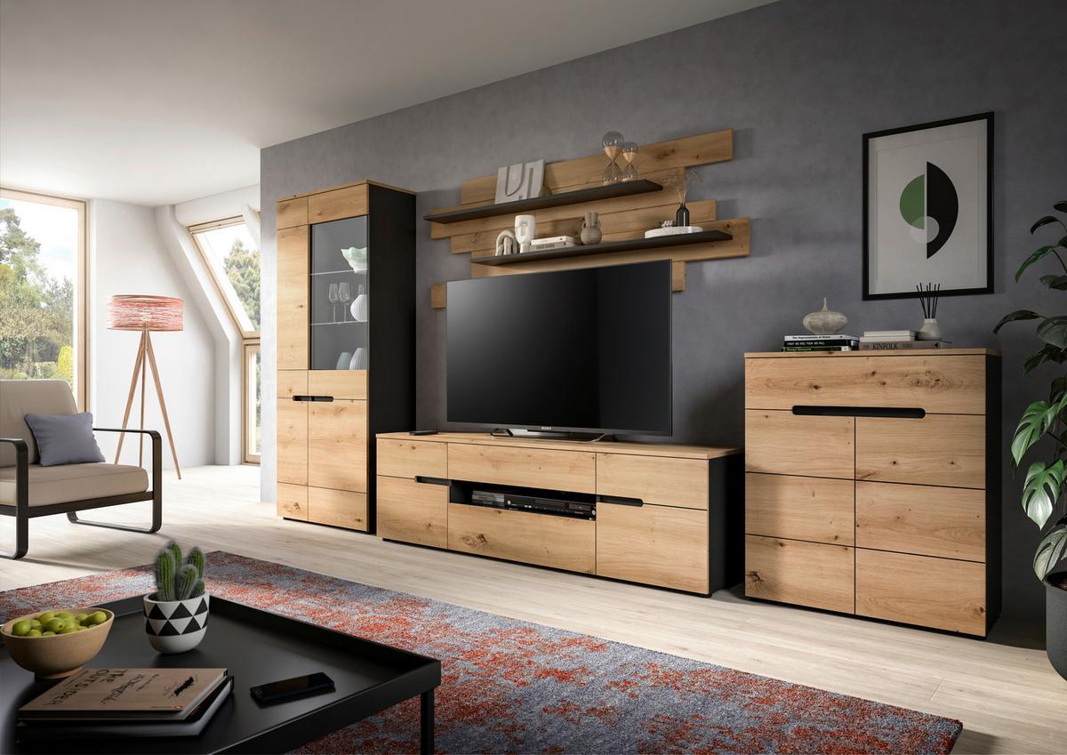 Wohnwand Canu Eiche Artisan Dekor B: 375cm - Schwarz/Eiche Artisan, Design, Holzwerkstoff (375/190/44cm) - Livetastic