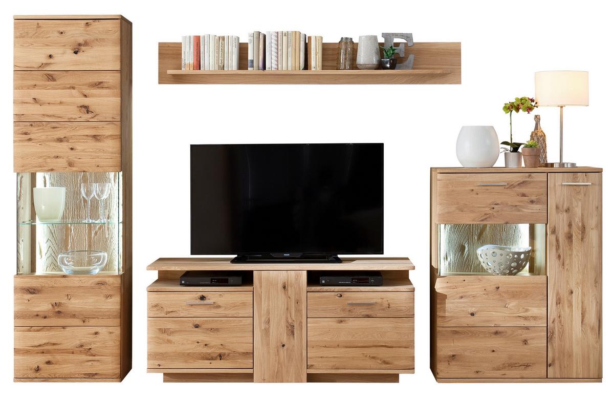 Wohnwand Santori Eiche teilmassiv - Eichefarben/Schwarz, Design, Glas/Holz (320/208/45cm) - Livetastic