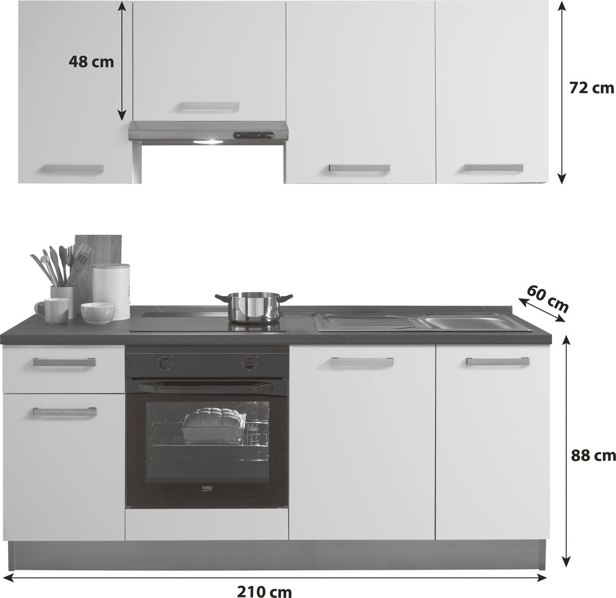 Küchenzeile Belluna mit Geräten B: 210 cm Weiß/Eiche Dekor - Eiche grau/Alufarben, Basics, Holzwerkstoff/Kunststoff (210cm) - MID.YOU