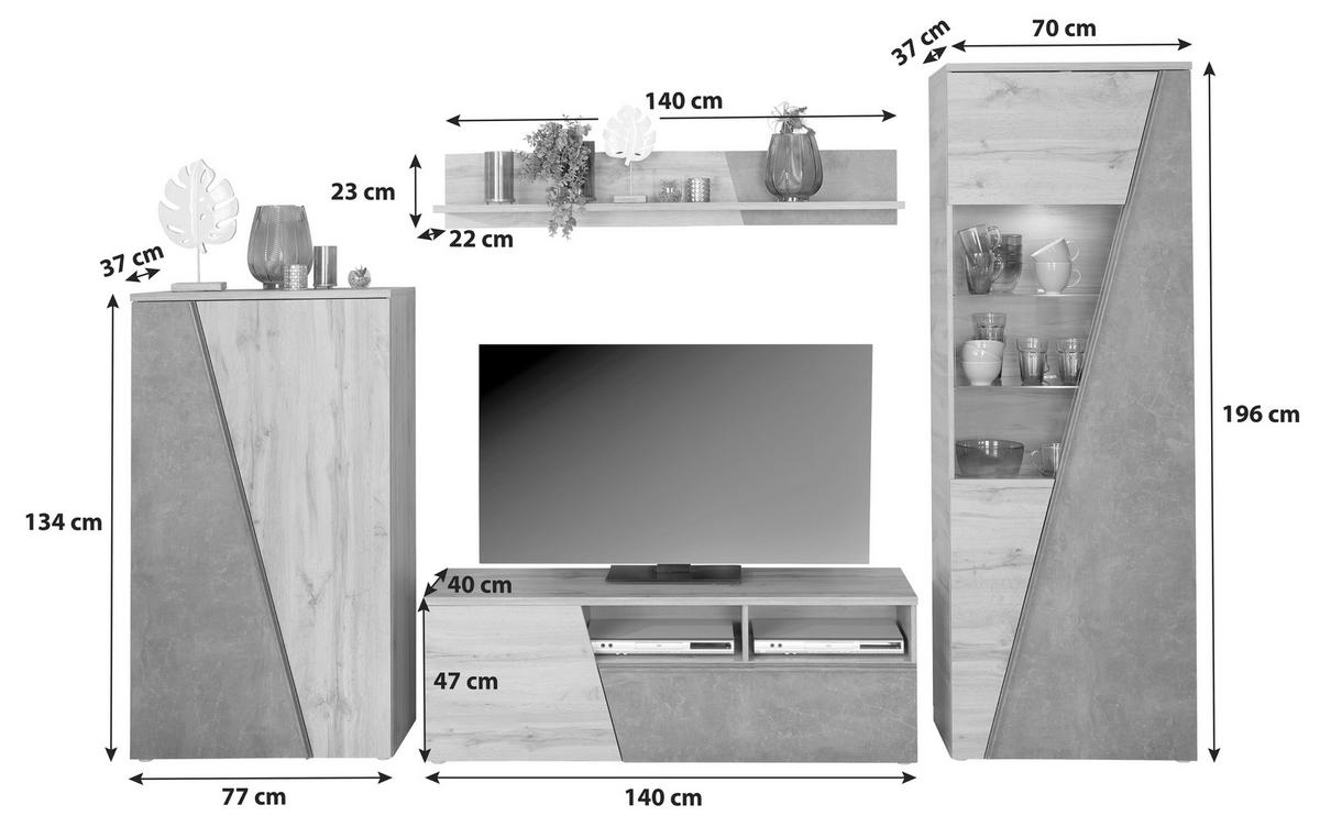 Wohnkombination Modern 4-tlg. Venedig Eiche Dekor/dunkelgrau - Eichefarben/Dunkelgrau, MODERN, Holzwerkstoff (287/196/40cm)