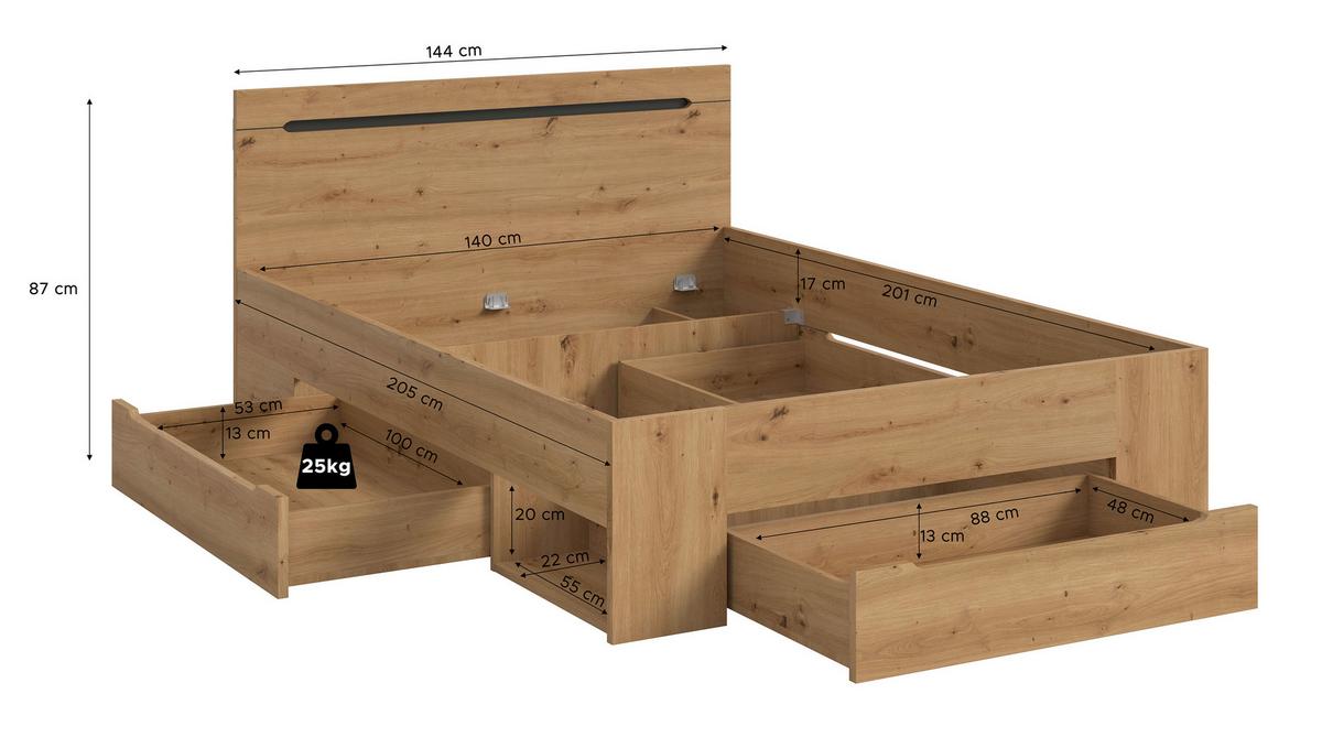 Bett Canu Grau /Eiche Artisan Dekor 140x200cm - Eiche Artisan/Grau, MODERN, Holzwerkstoff (140/200cm) - MID.YOU