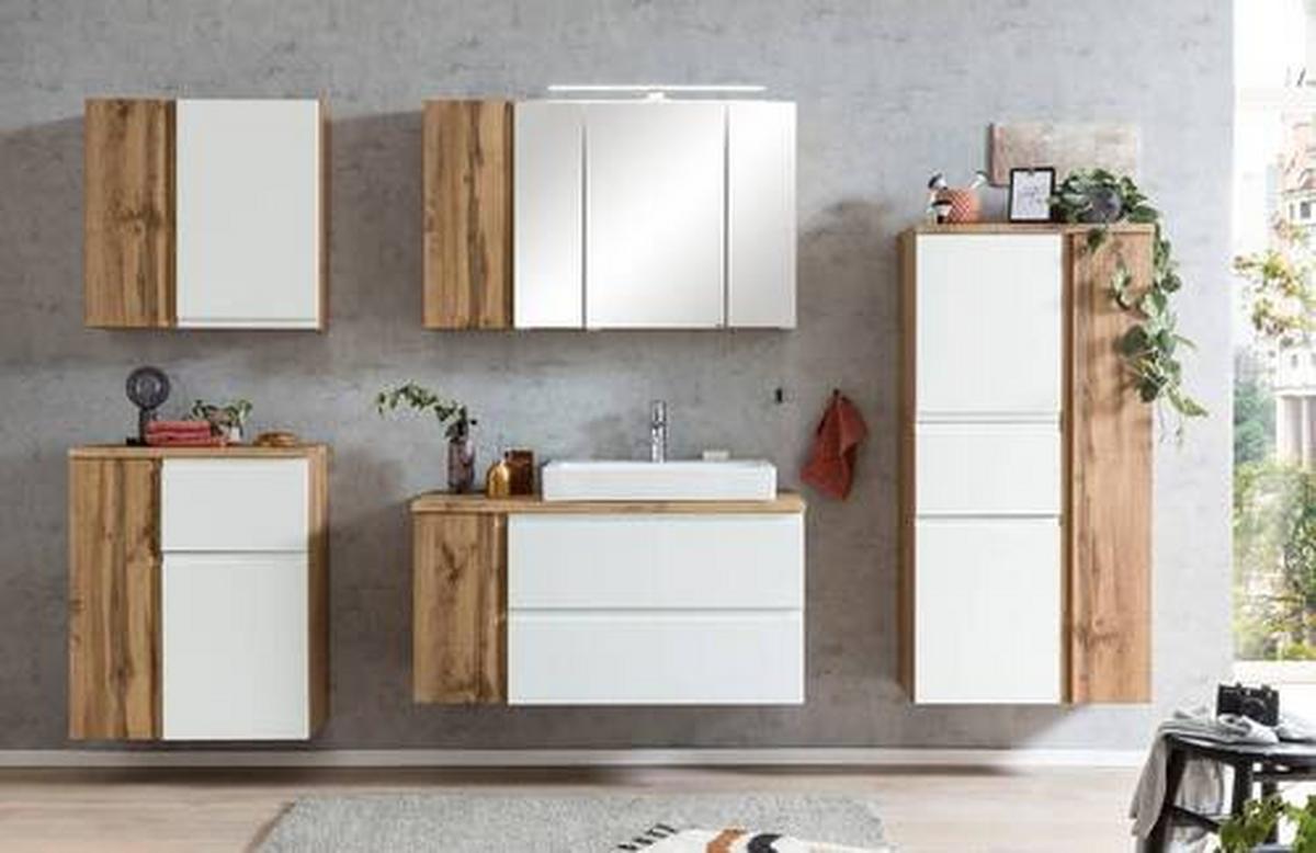 Midischrank Bad Varese B: 65 cm Weiß/Wotaneiche Dekor - Silberfarben/Eiche Wotan, MODERN, Holzwerkstoff (65/130/35cm) - Held