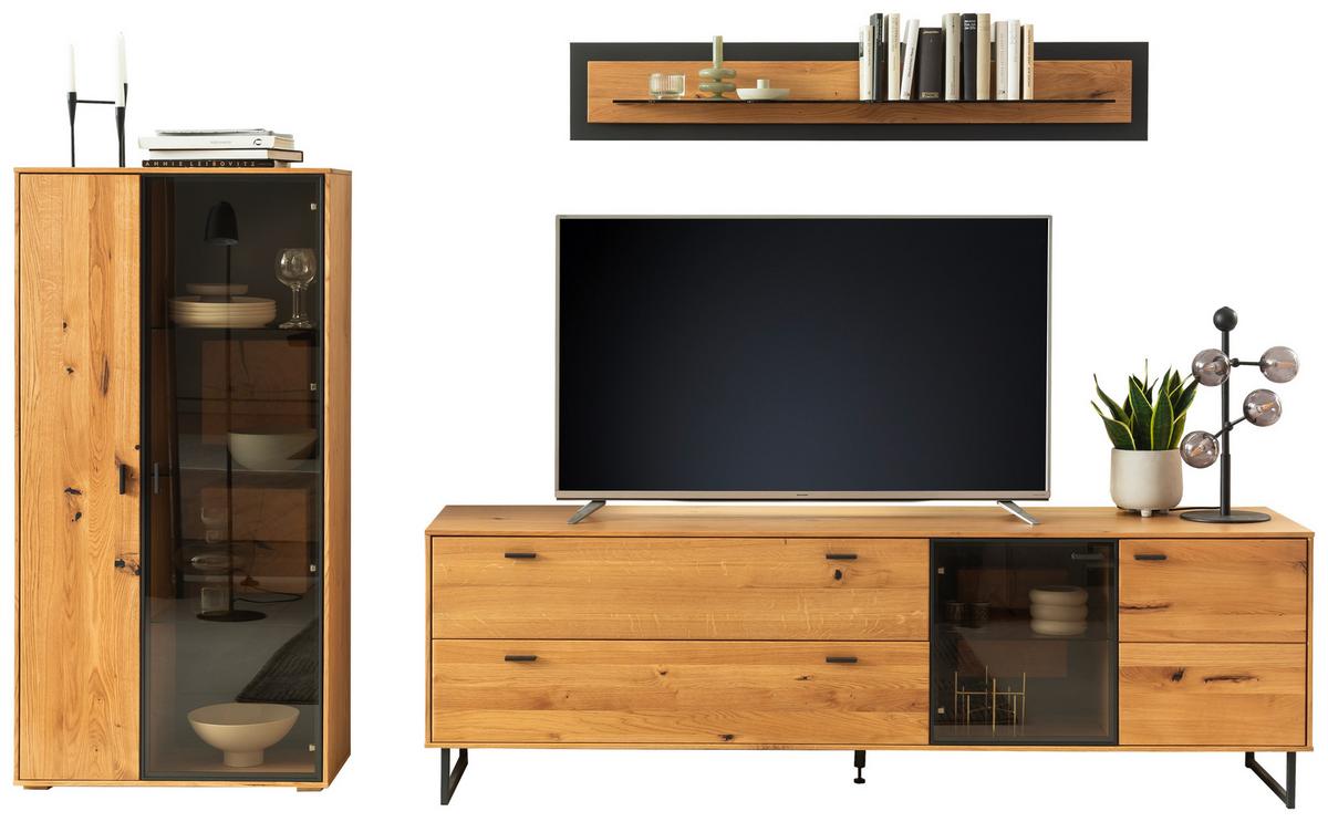 Wohnkombination Wildeiche Dekor Assini 3 -Teilig Wildeiche - Wildeiche/Schwarz, Design, Glas/Holz (306/188/50cm) - MID.YOU