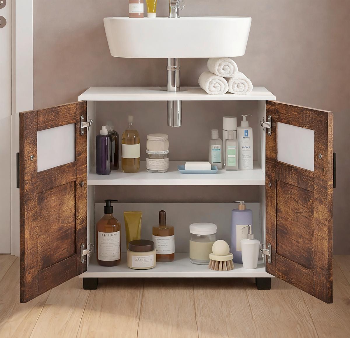 Waschbeckenunterschrank Nilari Weiß/Eichefarben B: 60cm - Eichefarben/Weiß, Trend, Glas/Holzwerkstoff (60/60/29cm) - MID.YOU