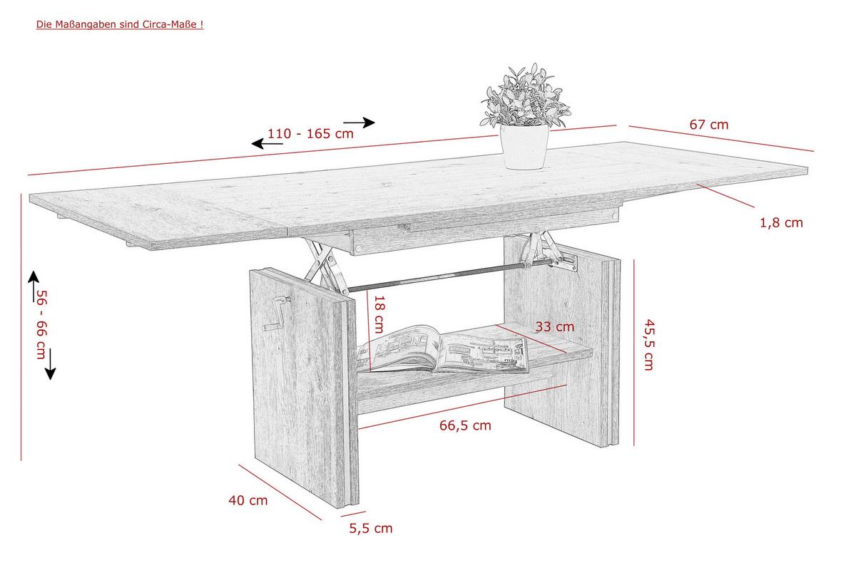 Couchtisch höhenverstellbar + ausziehbar Hilmar, Eiche Dekor - Eichefarben, MODERN, Holzwerkstoff (110-165/67/56-66cm) - MID.YOU