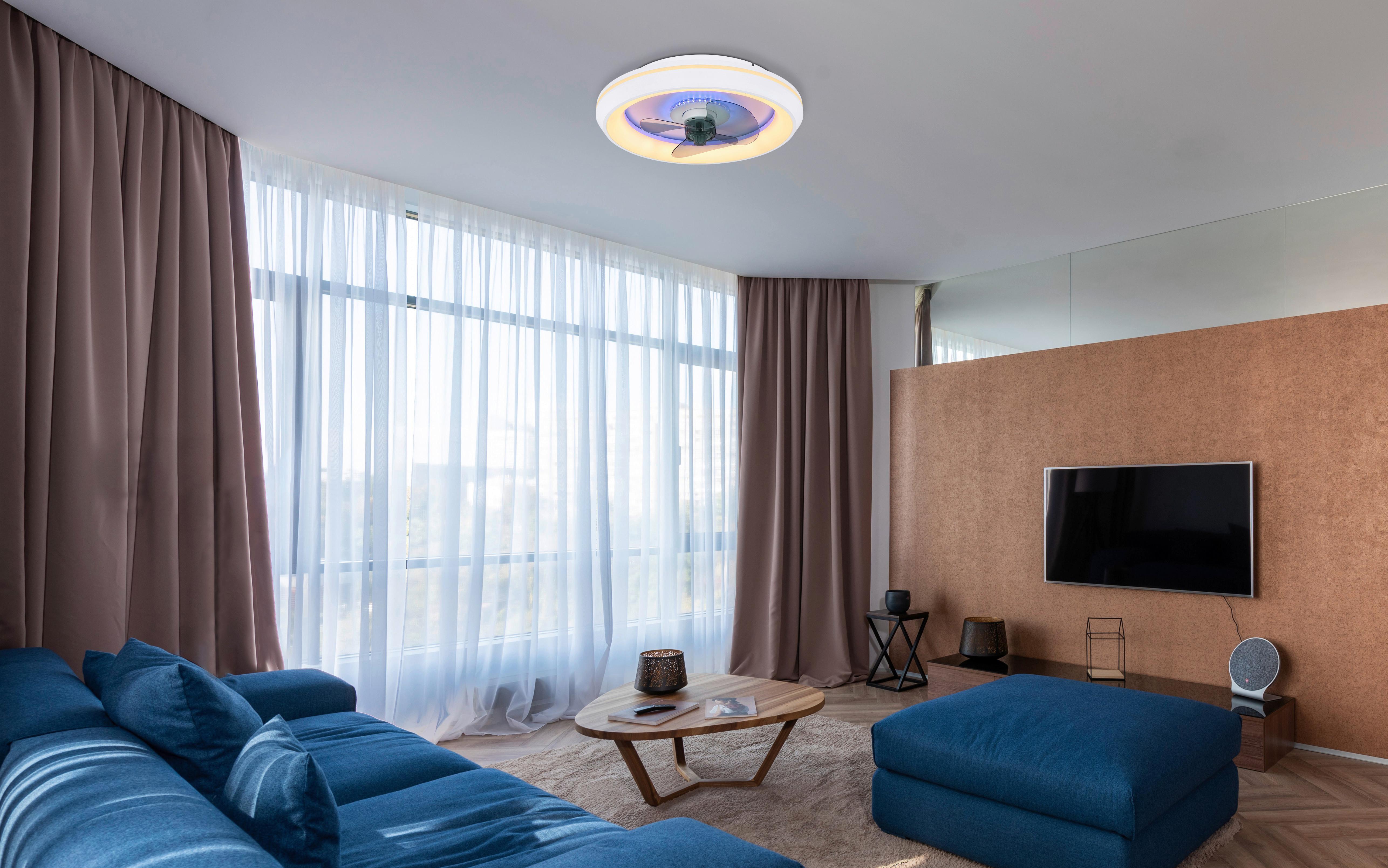 Deckenventilator Opal/Weiß LED-Leuchte Fernbedienung - Opal/Weiß, Basics, Kunststoff/Metall (45/13cm) - Globo