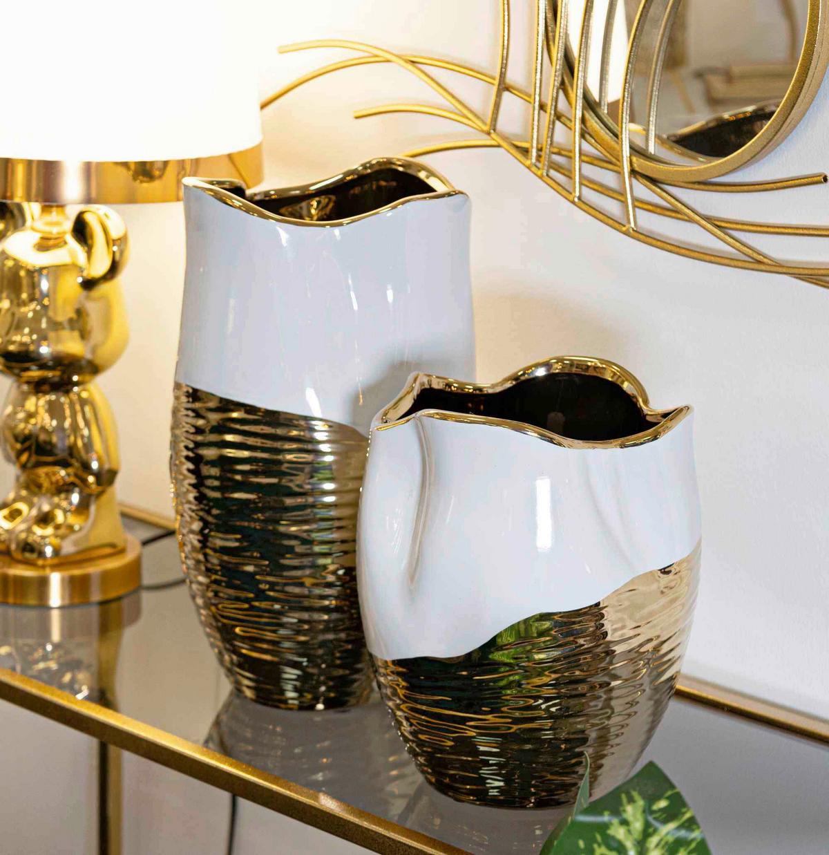 Vase Lux Weiß, Goldfarben B: 20 cm - Goldfarben/Weiß, Basics, Keramik (20/25/20cm)