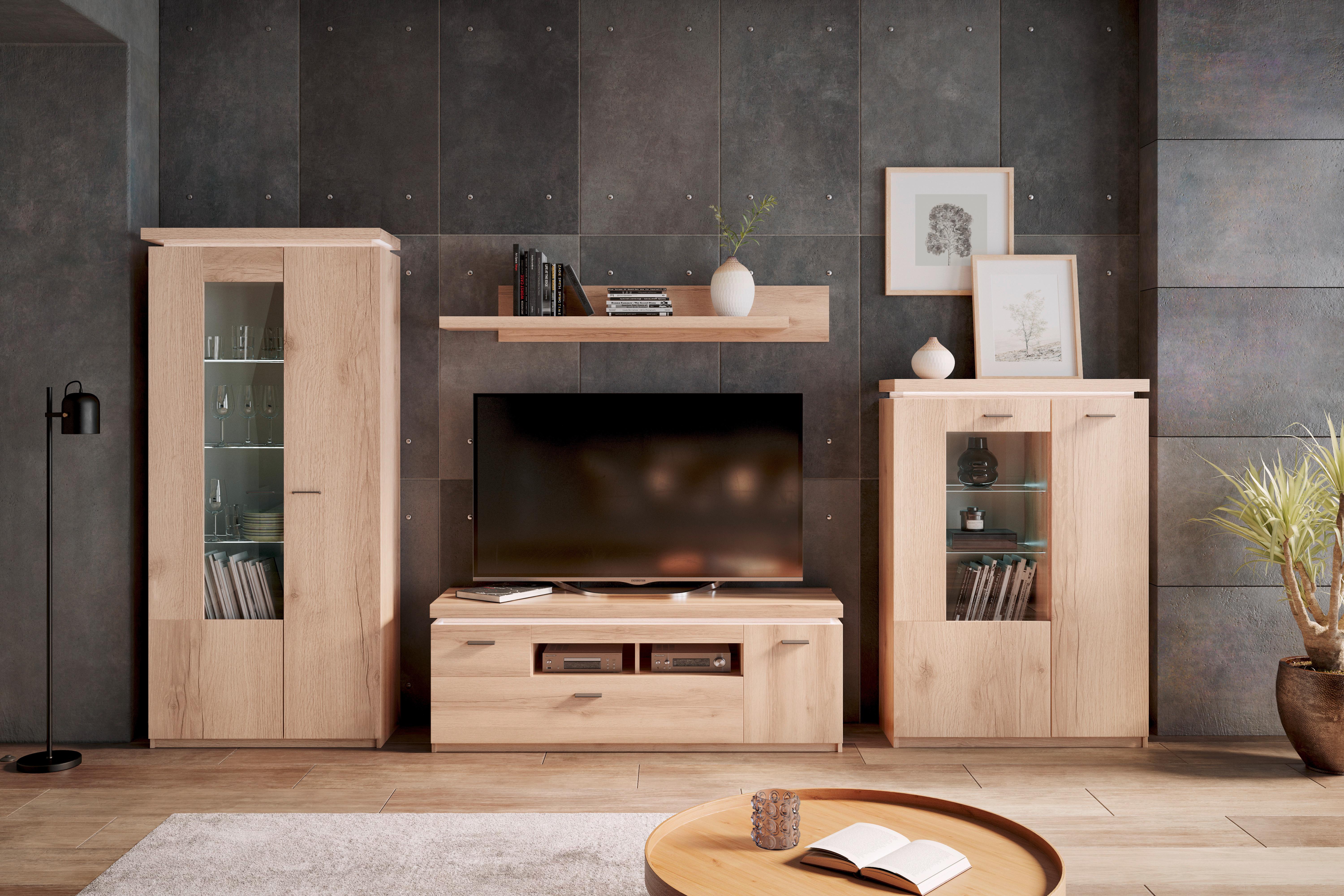 Wohnkombination Modern 4 -Teilig. mit Led Vanvouver, Eiche Dekor - Eichefarben, MODERN, Glas/Holzwerkstoff (342/198/44cm)