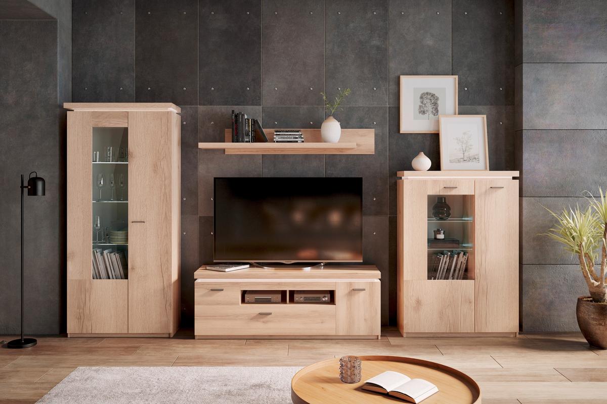 Wohnkombination Modern 4 -Teilig. mit Led Vanvouver, Eiche Dekor - Eichefarben, MODERN, Glas/Holzwerkstoff (342/198/44cm)
