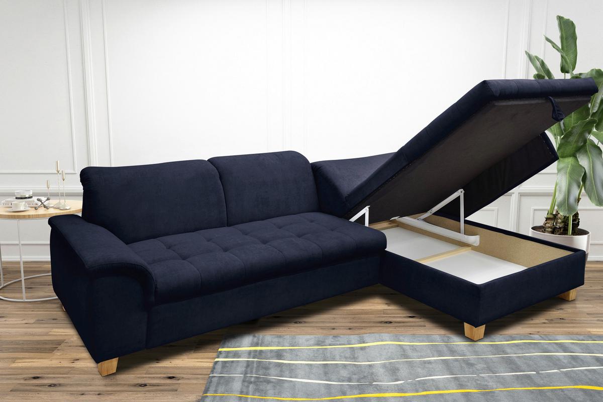 Ecksofa Mit Schlaffunktion & Bettkasten Franzi Blau - Eichefarben/Dunkelblau, KONVENTIONELL, Textil (279/170cm) - MID.YOU