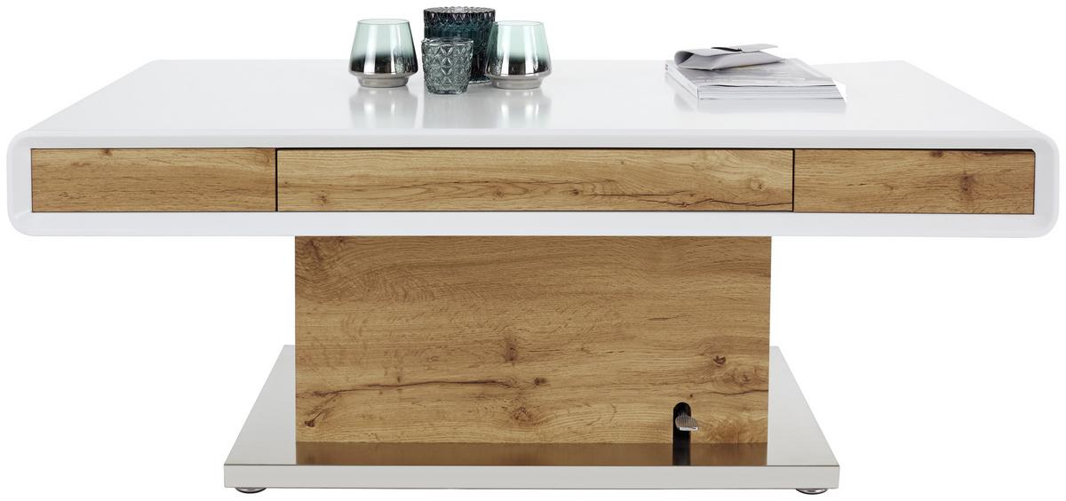 Couchtisch Mit Lade Kopenhagen, Eiche Dekor/weiß - Edelstahlfarben/Eichefarben, MODERN, Holzwerkstoff/Metall (130/49-78/70cm)