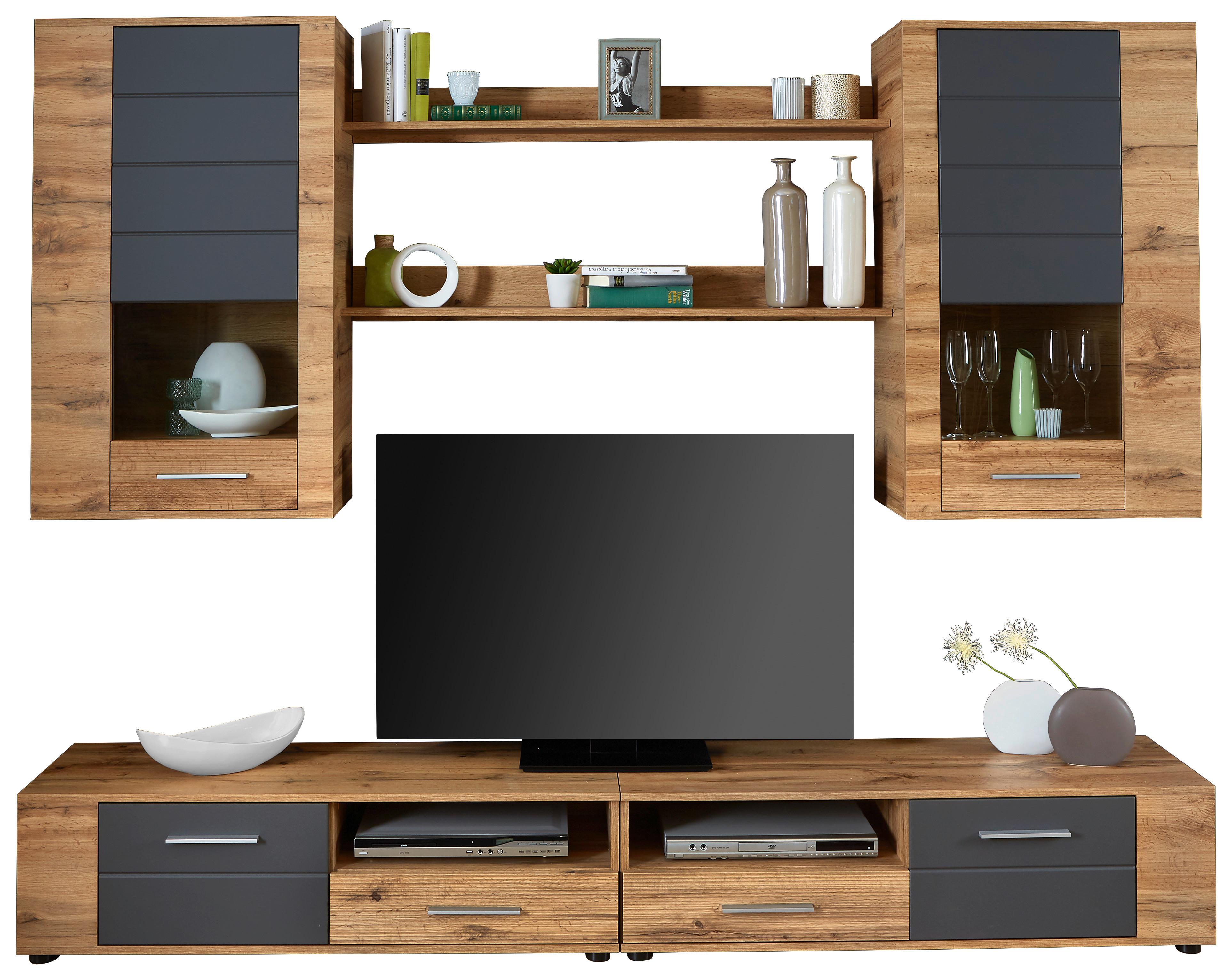 Wohnwand Modern 6-Tlg. mit Led Fargo, Wotan Eiche Dekor/Grau - Eichefarben/Grau, MODERN (240/192/38cm)