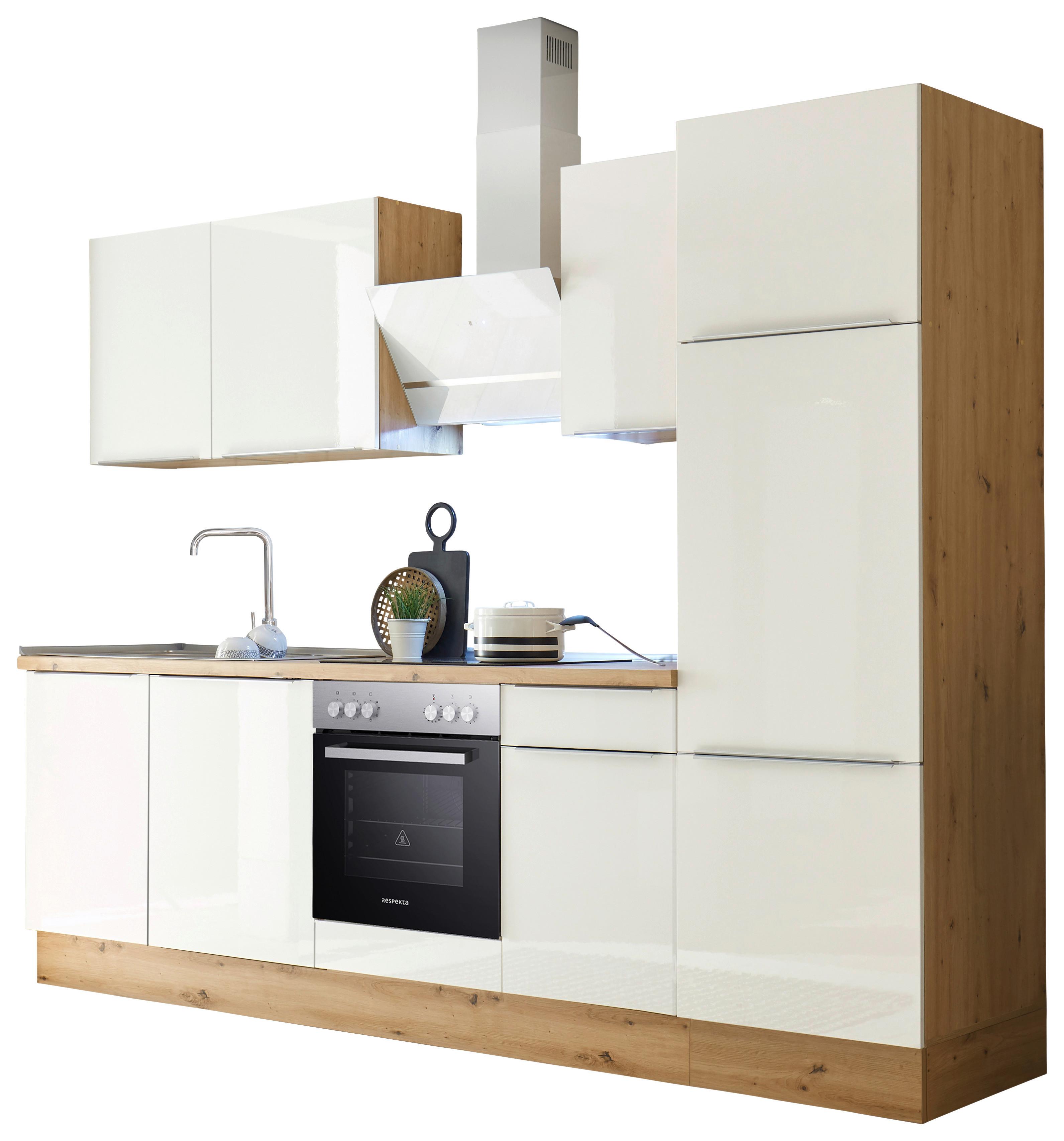 Küchenzeile mit Geräten B: 280 cm Weiß/Eiche Dekor - Weiß Hochglanz/Eiche Artisan, LIFESTYLE, Holzwerkstoff (280/211/60cm) - Respekta