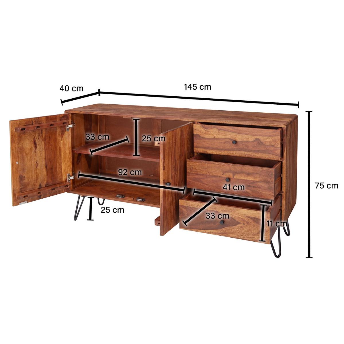 Sideboard Sheesham Sheeshamfarben B: 145 Cm - Sheeshamfarben/Schwarz, Design, Holz (145/75/40cm) - MID.YOU