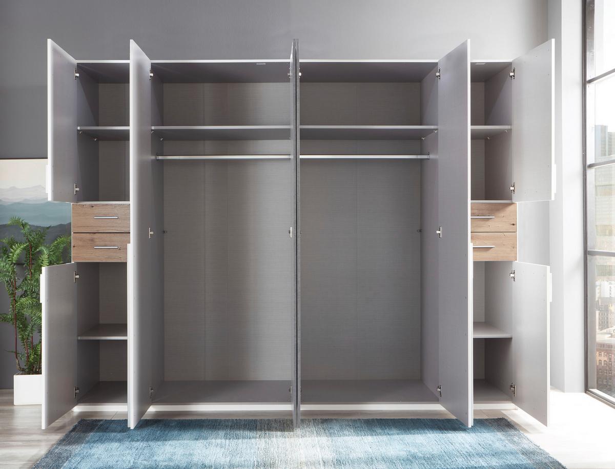 Drehtürenschrank Mit Spiegel + Laden B: 270 cm Vegas, Weiß - Eiche Artisan/Weiß, Basics, Holzwerkstoff (270/208/58cm) - MID.YOU