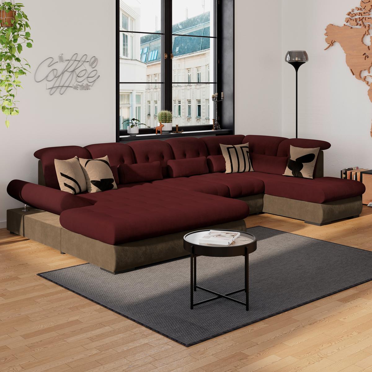Wohnlandschaft Madera Rubinrot, S: 358x212 cm - Hellbraun/Rot, KONVENTIONELL, Kunststoff/Textil (190/358/212cm)