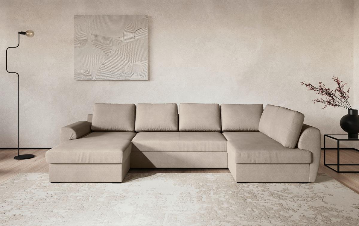 Wohnlandschaft m. Bettfunktion Mirkrofaser natur, B: 327cm - Schwarz/Naturfarben, Trend, Textil (154/327/86cm) - MID.YOU