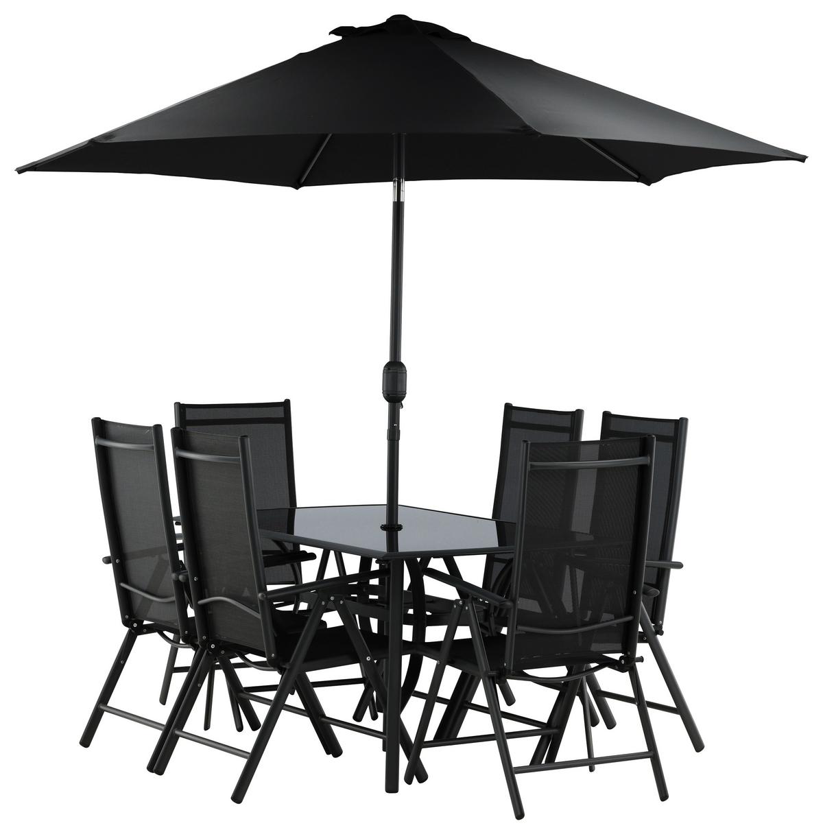 Gartentischgruppe 8-Tlg Brekki aus Aluminium mit Schirm - Schwarz, KONVENTIONELL, Glas/Metall - Gardenson
