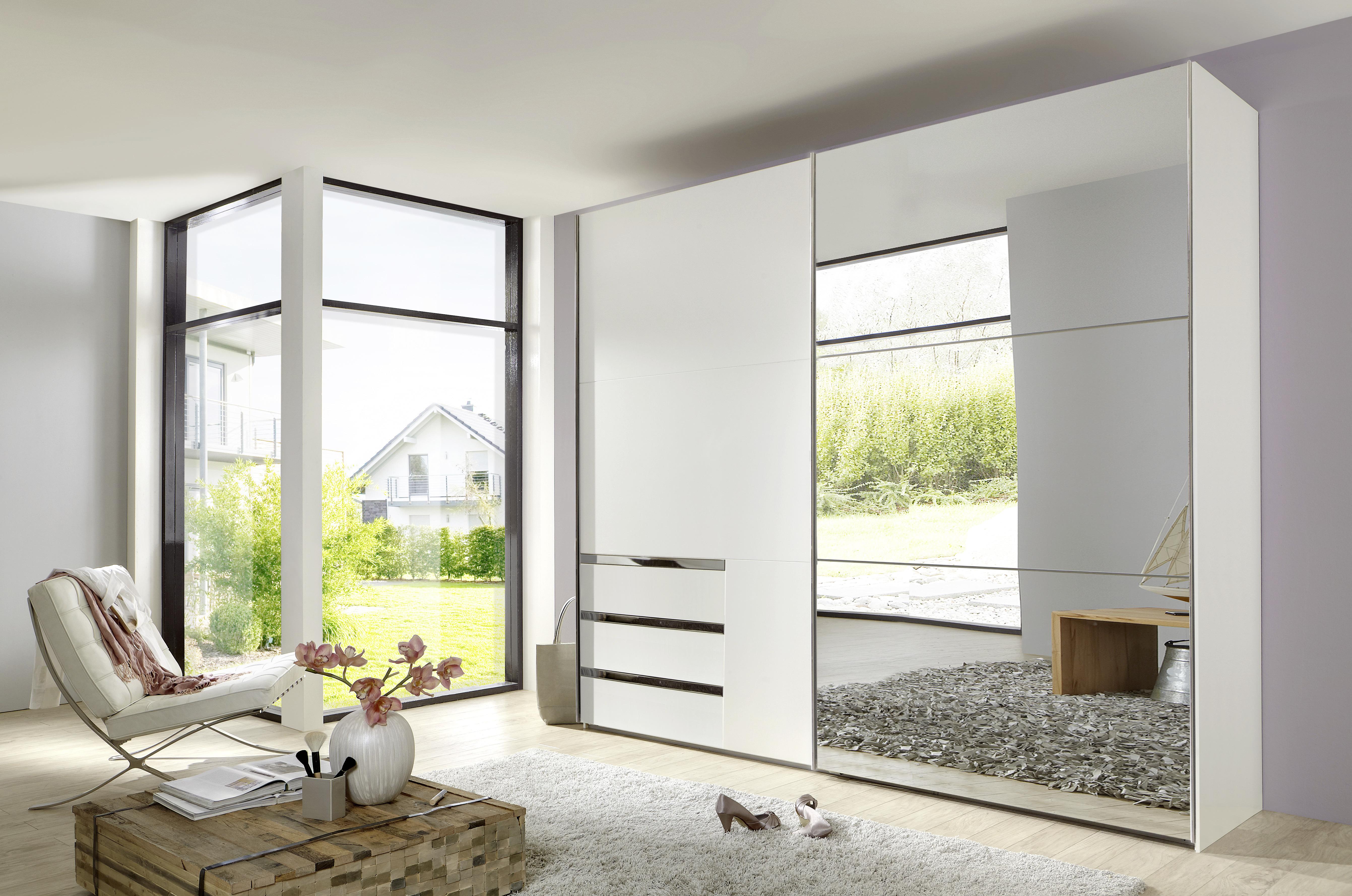 Schwebetürenschrank mit Spiegel 250cm Level 36a, Weiß Dekor - Weiß, MODERN, Glas/Holzwerkstoff (250/216/65cm) - MID.YOU