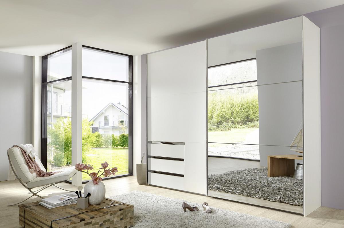 Schwebetürenschrank mit Spiegel 250cm Level 36a, Weiß Dekor - Weiß, MODERN, Glas/Holzwerkstoff (250/216/65cm) - MID.YOU