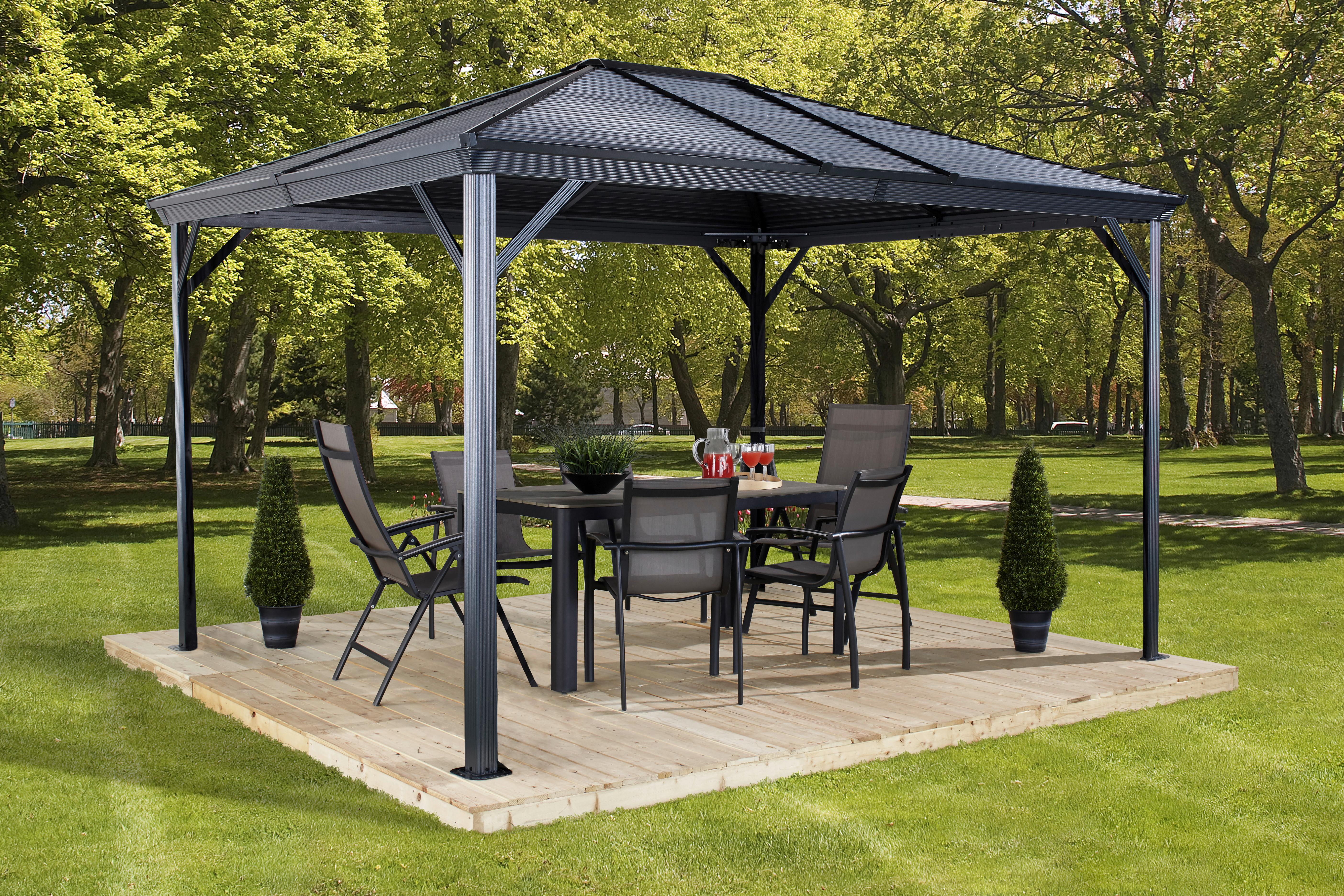 Pavillon Ventura 296x261cm Wetterfest, Mit Vorhängen - Anthrazit, Basics, Metall (296/261cm)