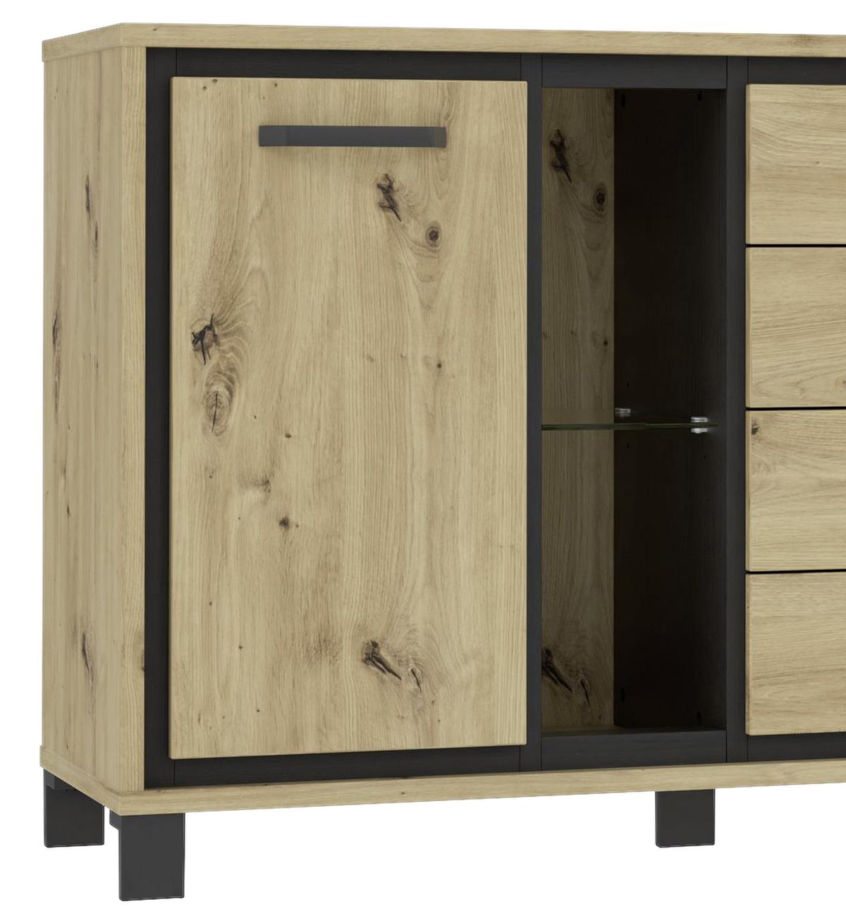 Sideboard mit Glaselement B: 177,4cm Trondheim, Eiche Dekor - Eichefarben/Schwarz, Basics, Glas/Holzwerkstoff (177,4/81,3/41,5cm) - Livetastic