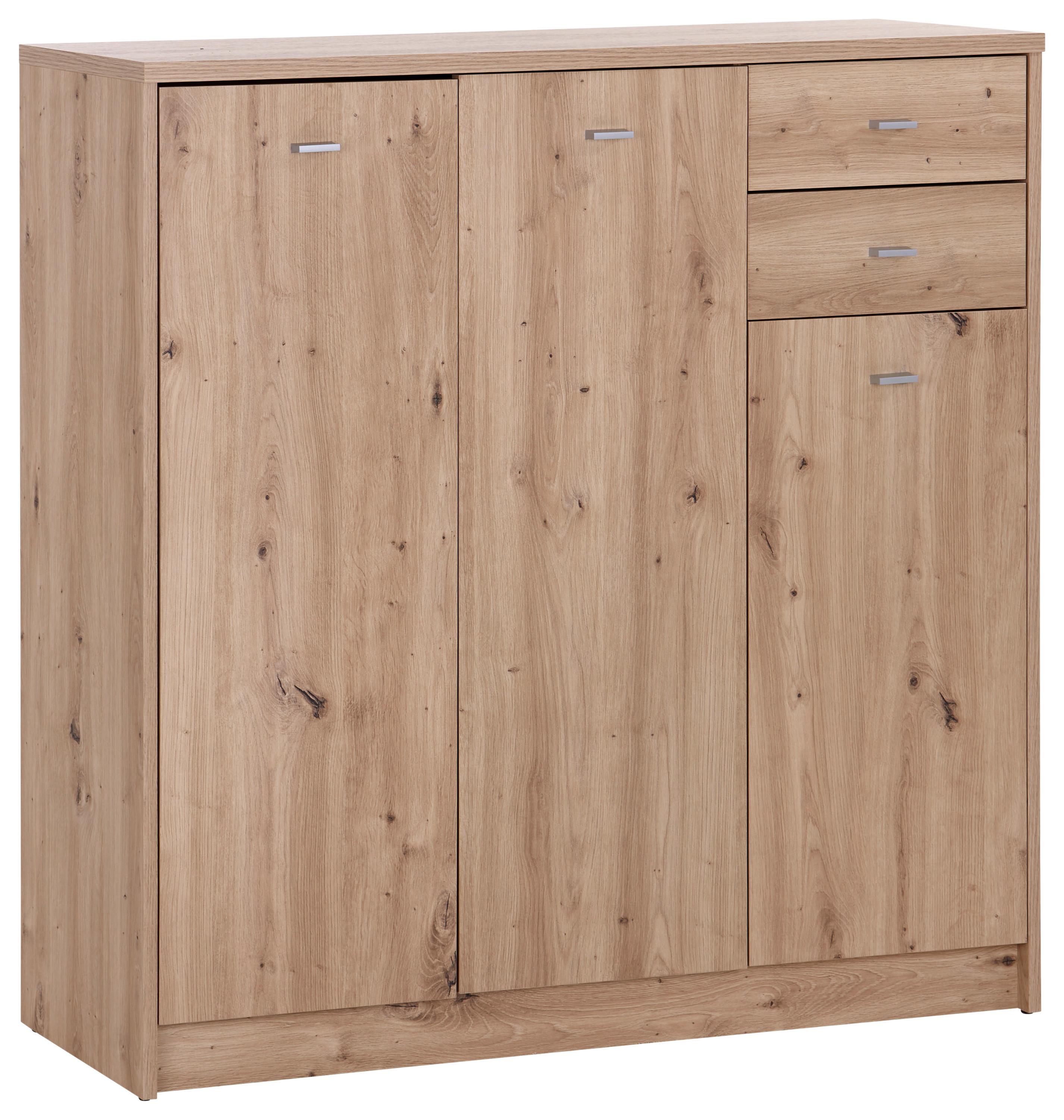 Eichefarbene Kommode mit drei Türen und zwei Schubladen