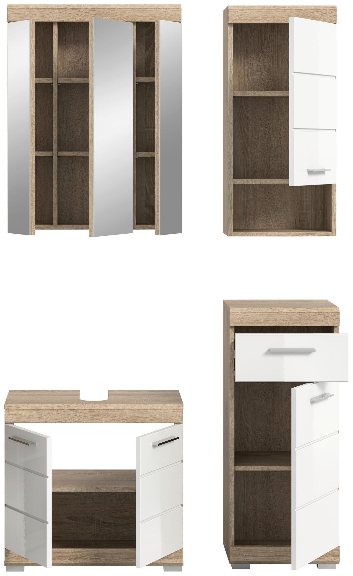 Badezimmer Lambada Eiche Dekor/Weiß B: 97 cm - Weiß Hochglanz/Silberfarben, MODERN, Glas/Holzwerkstoff (97cm) - MID.YOU