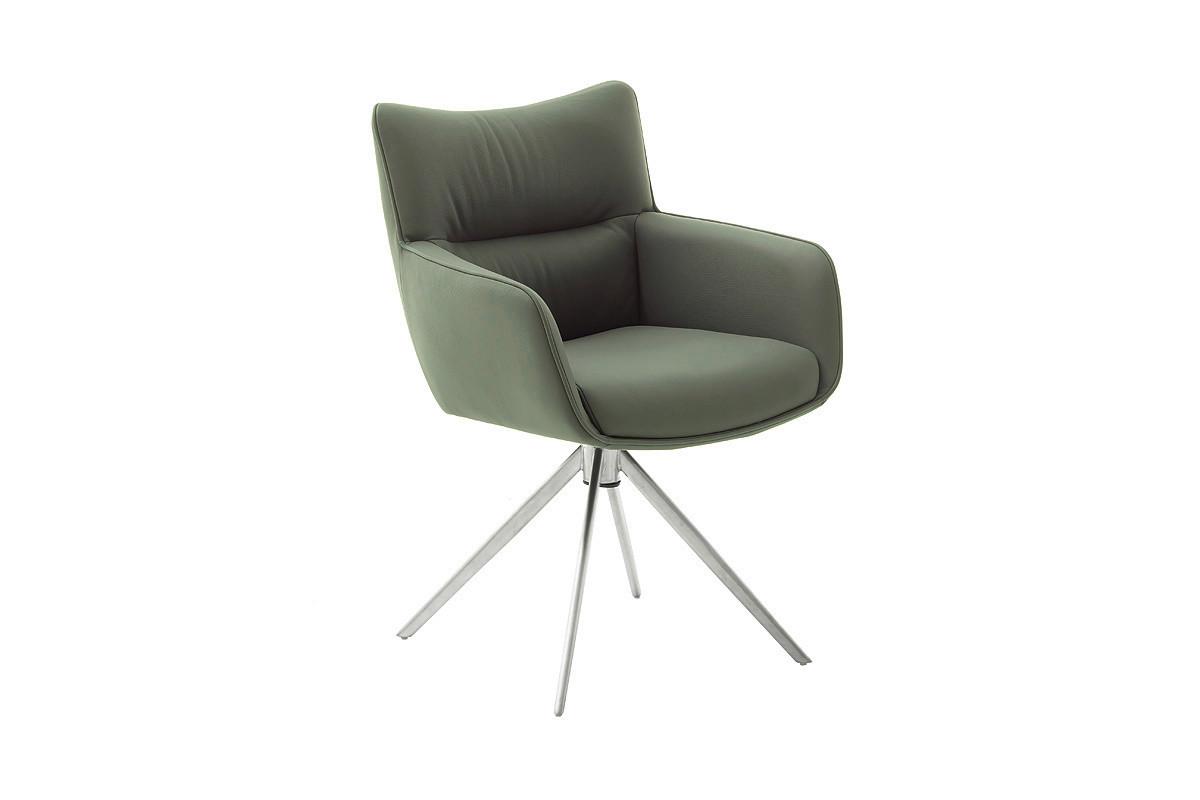 Armlehnstuhl Limone 2 Leder Olivgrün 360° drehbar - Edelstahlfarben/Olivgrün, KONVENTIONELL, Leder/Metall (61/88/63cm)