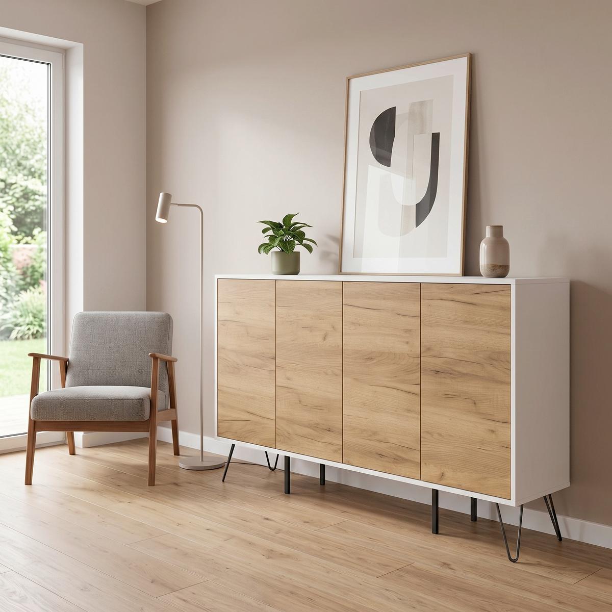 Sideboard Posseik Industrial Eichefarben/Weiß B: 155 cm - Weiß Hochglanz/Eichefarben, Design, Holzwerkstoff (155/93,6/42cm) - MID.YOU