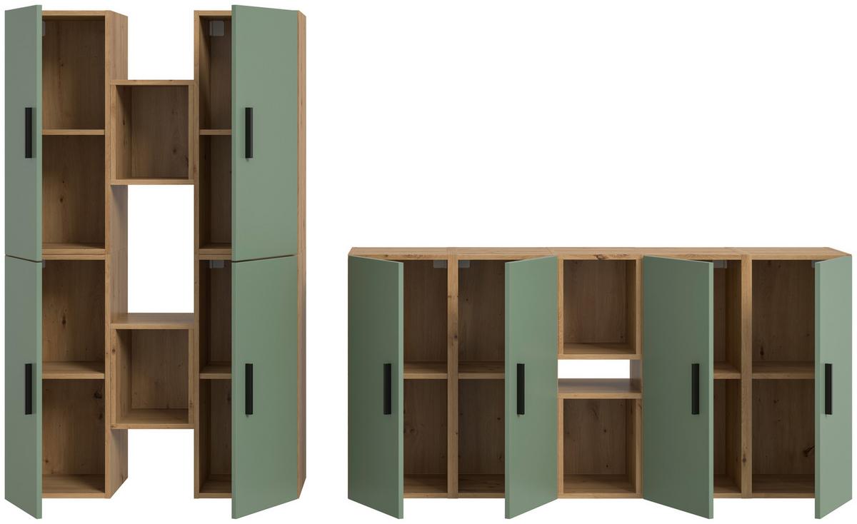 Wohnwand, The ONE 5, B: 270 cm Olivgrün/Artisan Eiche Dekor - Schwarz/Weiß, Trend, Holzwerkstoff (270/182/34cm)