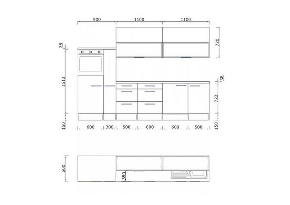 Küchenzeile Premium mit Geräte 310 cm Grau mit Kochinsel - Eichefarben/Schwarz, Basics, Holzwerkstoff (310/160cm) - Respekta