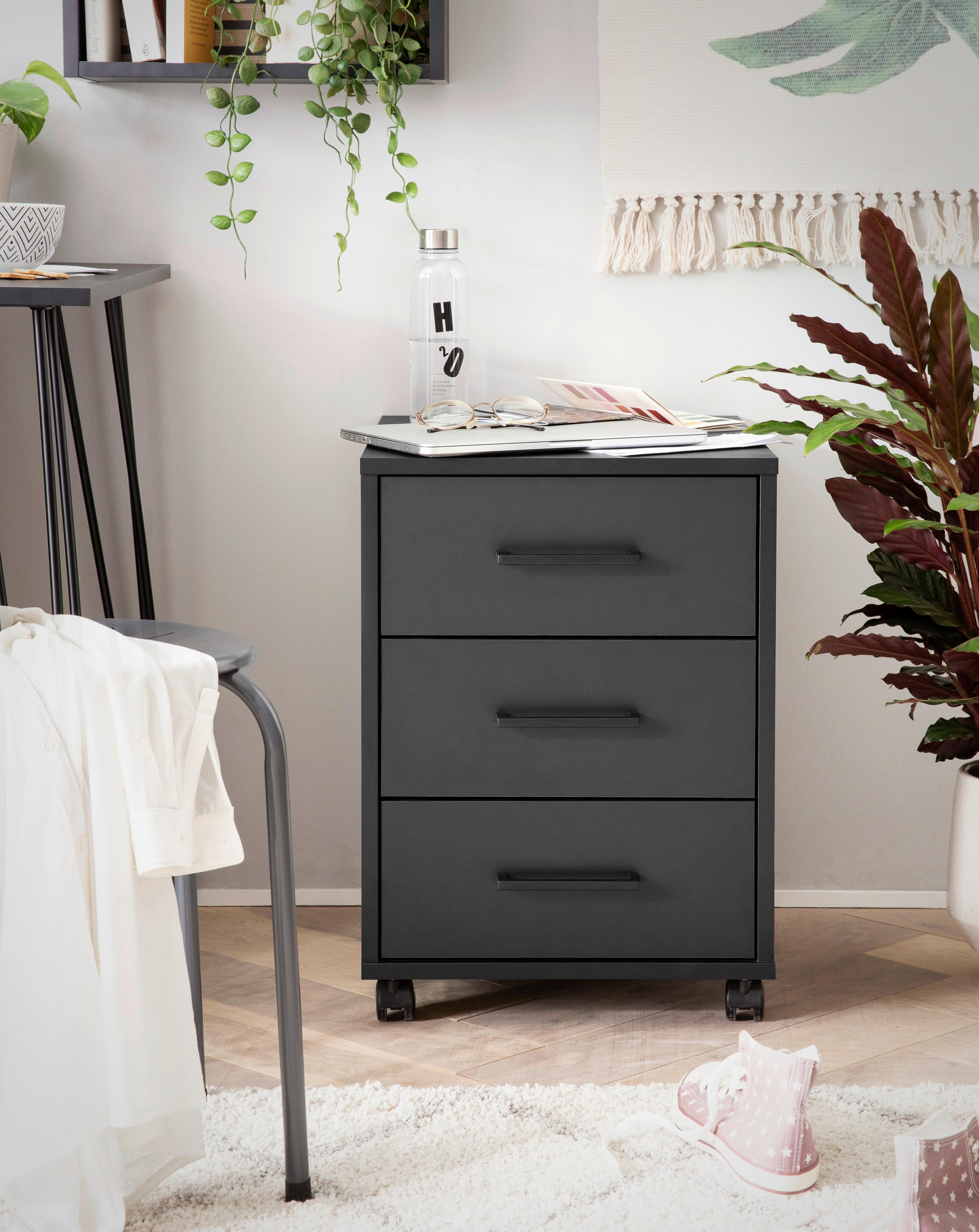 Rollcontainer Ruby - Schwarz, MODERN, Holzwerkstoff/Kunststoff (40,1/57/50cm) - MID.YOU
