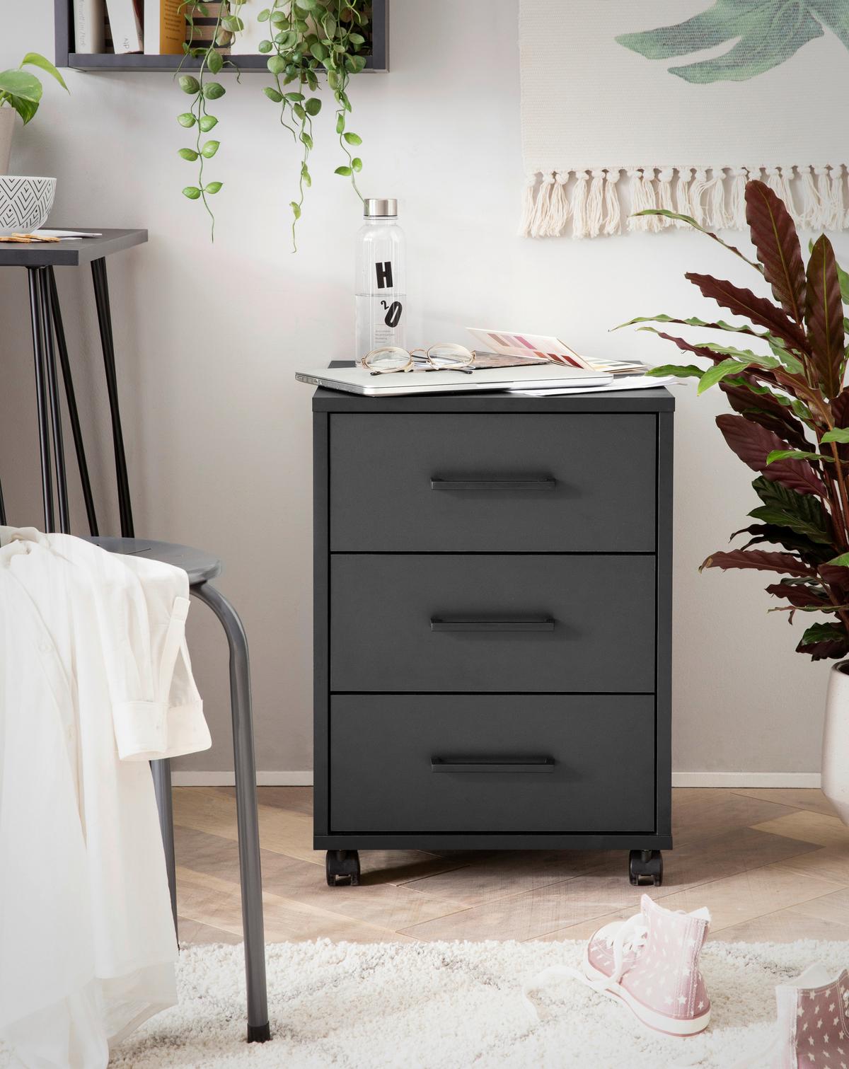 Rollcontainer Ruby - Schwarz, MODERN, Holzwerkstoff/Kunststoff (40,1/57/50cm) - MID.YOU