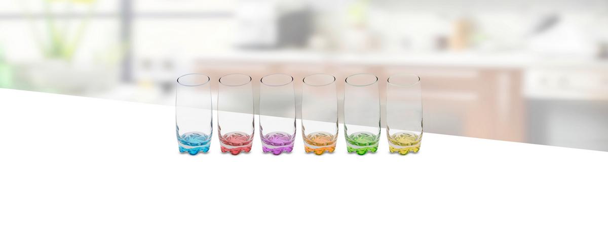 Longdrinkglas Alison 6er-Set, Je ca. 300 ml - Blau/Gelb, KONVENTIONELL, Glas (390ml) - Ondega