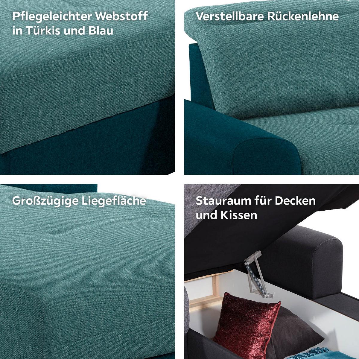 Ecksofa Mit Schlaffunktion + Bettkasten Malaga, Webstoff - Türkis/Blau, KONVENTIONELL, Textil (286/203cm) - Ondega