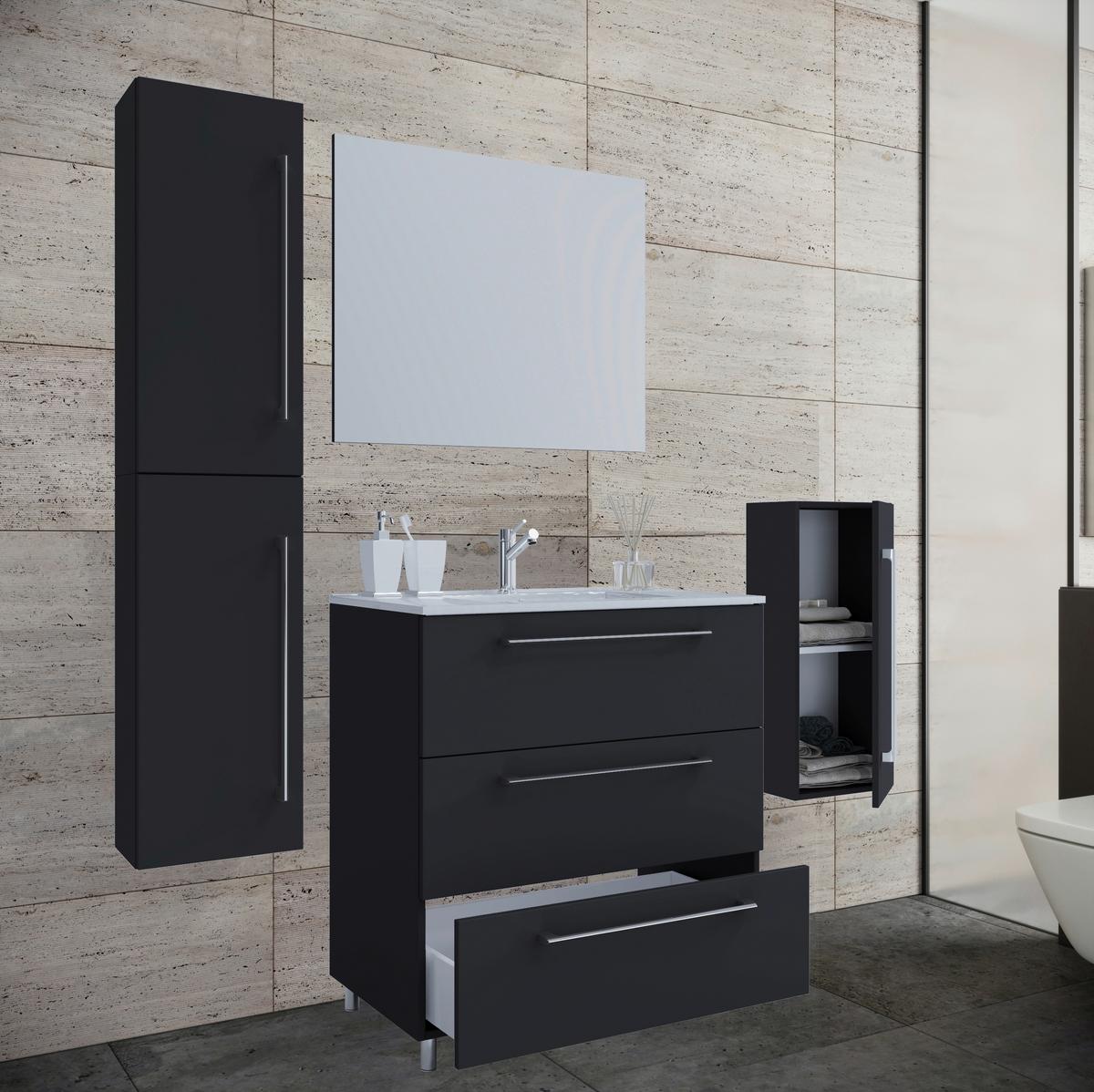 Badezimmer Schubo 5-Teilig Schwarz B: 126 cm - Alufarben/Schwarz, MODERN, Keramik/Holzwerkstoff (126cm) - MID.YOU