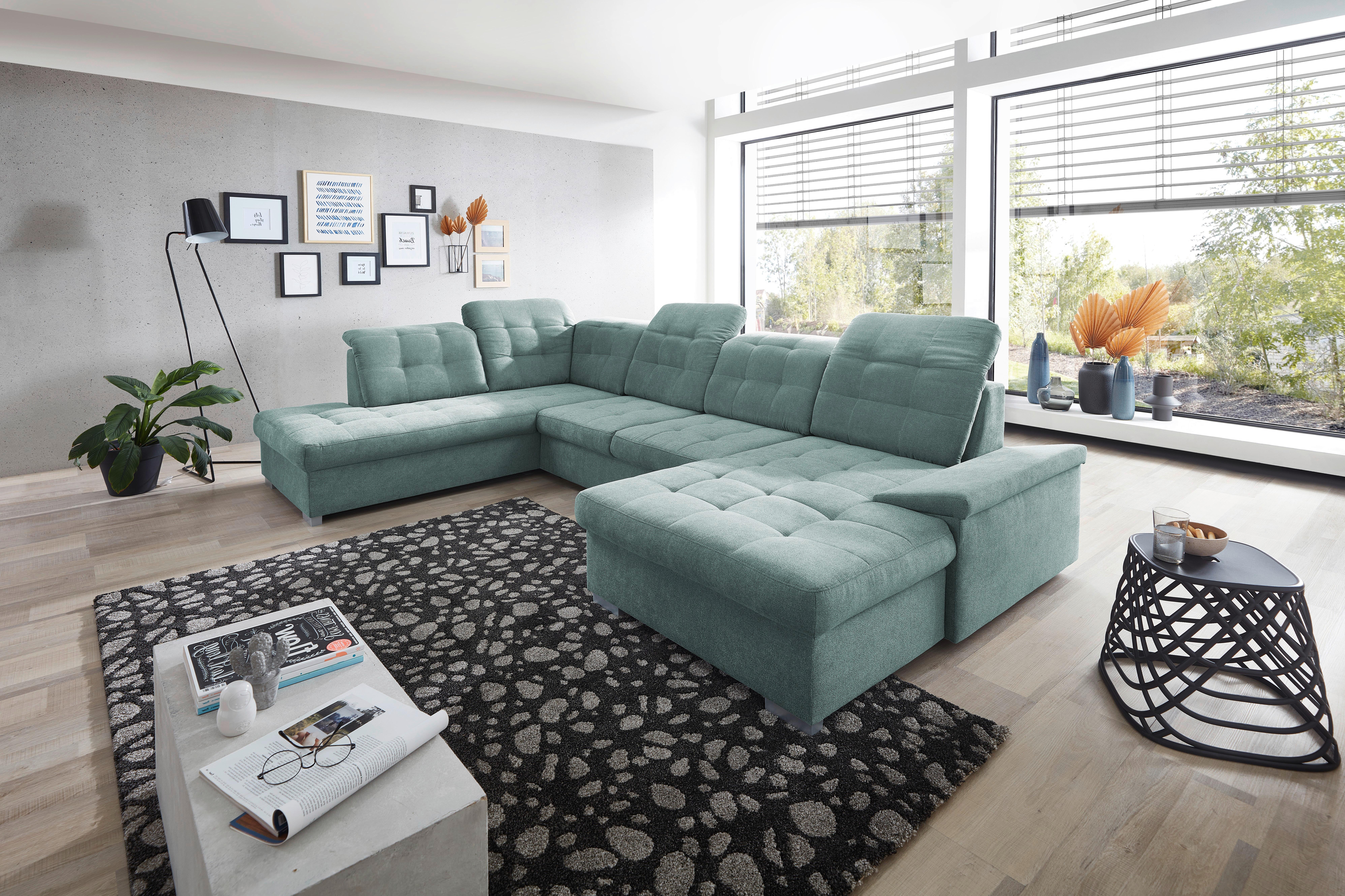 Wohnlandschaft Zira Mit Schlaffunktion Mintgrün - Chromfarben/Mintgrün, Design, Textil (212/330/169cm) - Livetastic