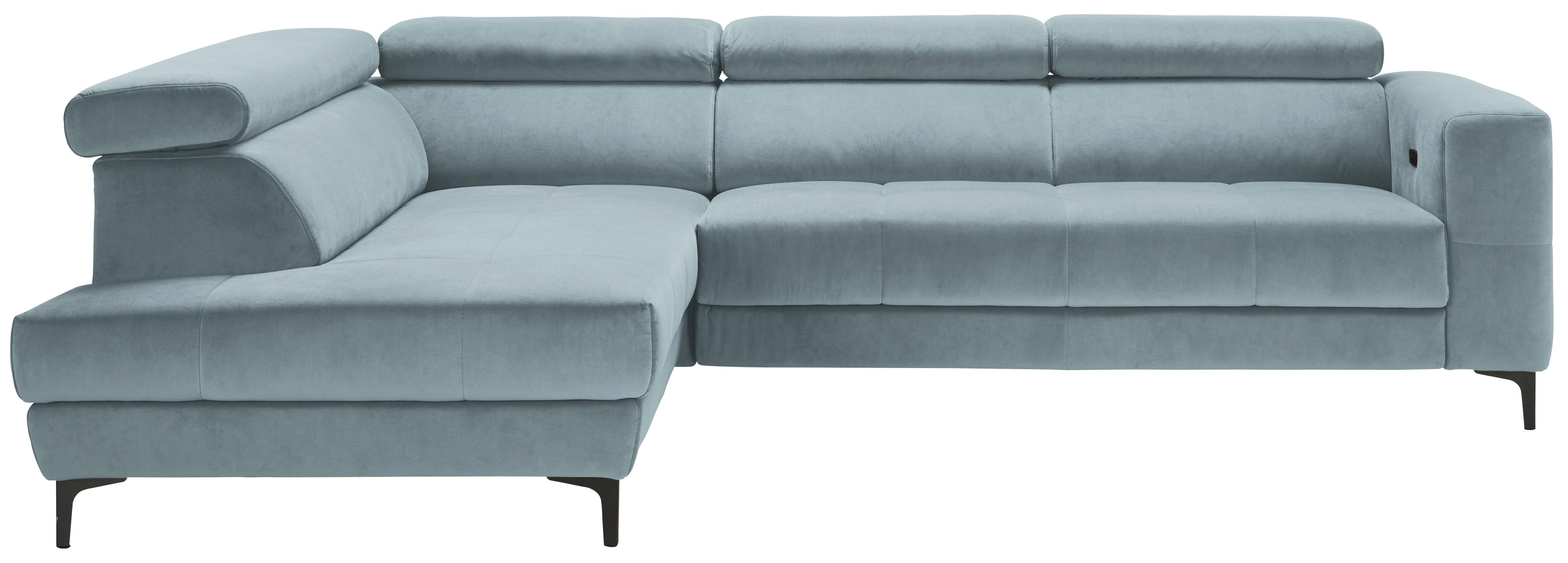 Rohová sedačka EMMA, levá, sv.modrá,op.hl.,USB,el.výsuv - černá/světle modrá, Moderní, textil (210/301cm) - Premium Living