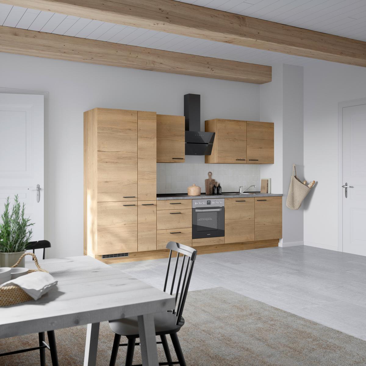 Kuchynská linka 330 cm, dub Sierra - čierna/farba duba, Modern, kov/kompozitné drevo (330cm) - Nobilia