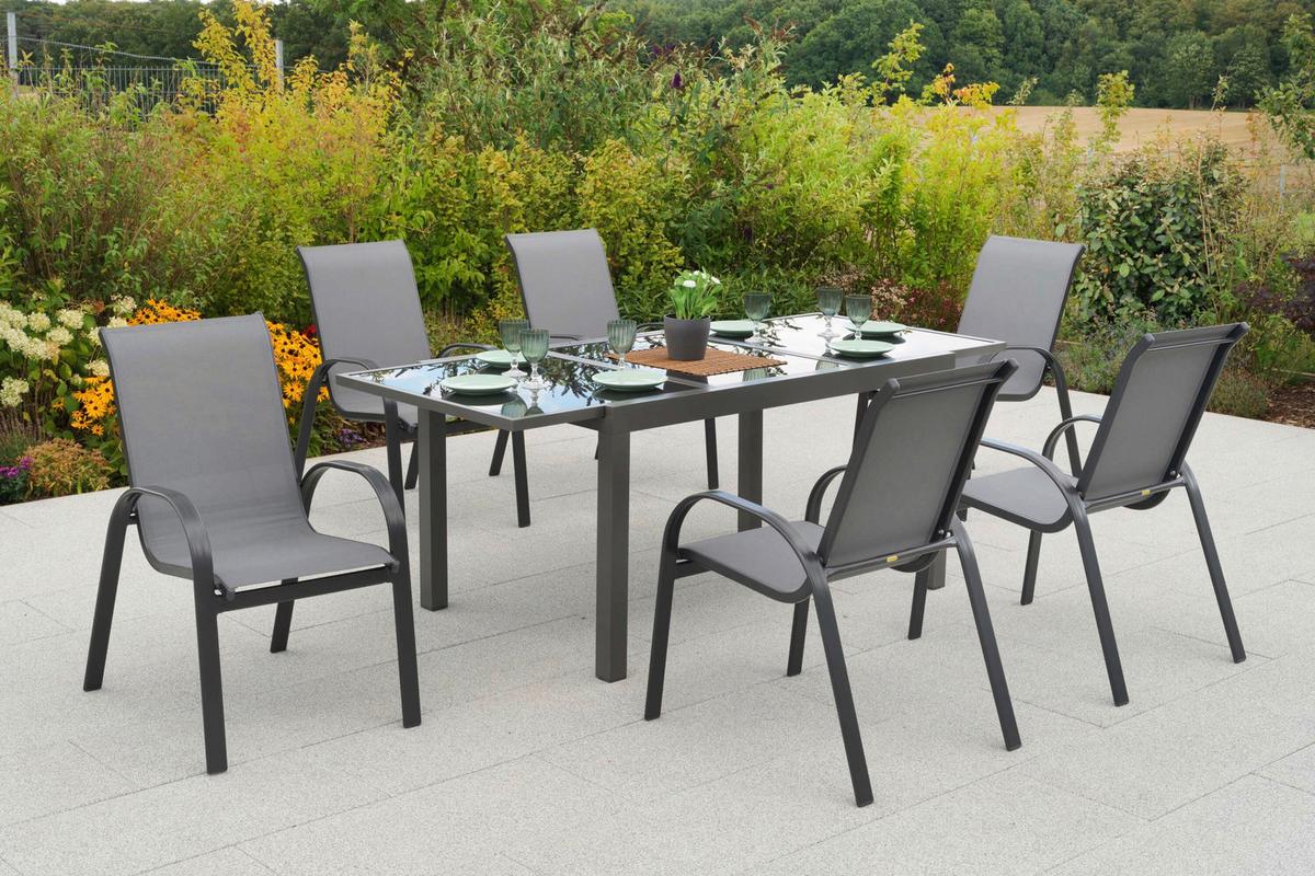 Gartentischgruppe Amalfi 7 -Teilig. Graphitfarben/Grau - Graphitfarben/Grau, KONVENTIONELL, Glas/Textil - Gardenson