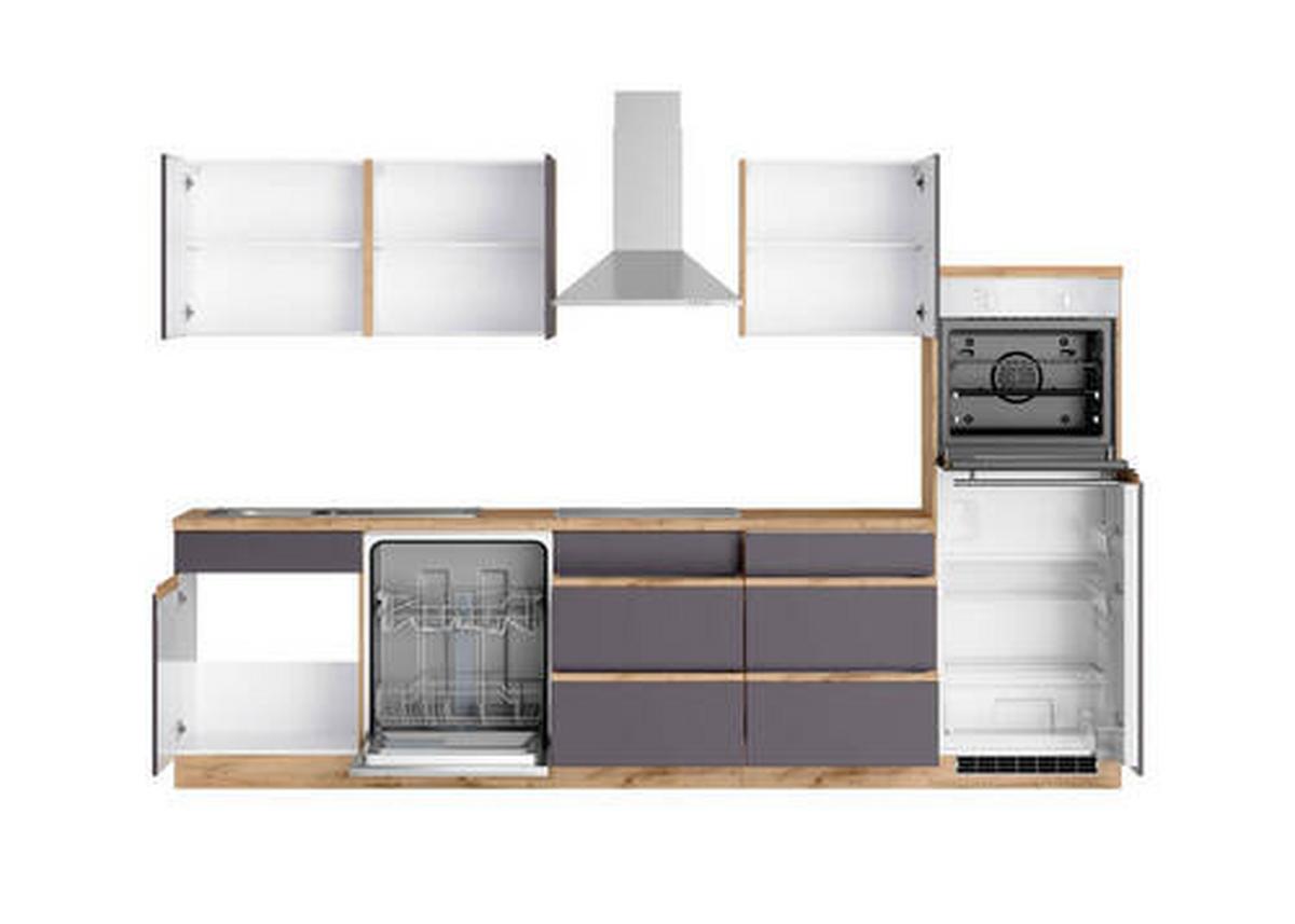 Küchenzeile Turin mit Geräten B: 300cm Grau/Wotaneiche Dekor - Eiche Wotan/Grau, Design, Holzwerkstoff (300cm) - Held