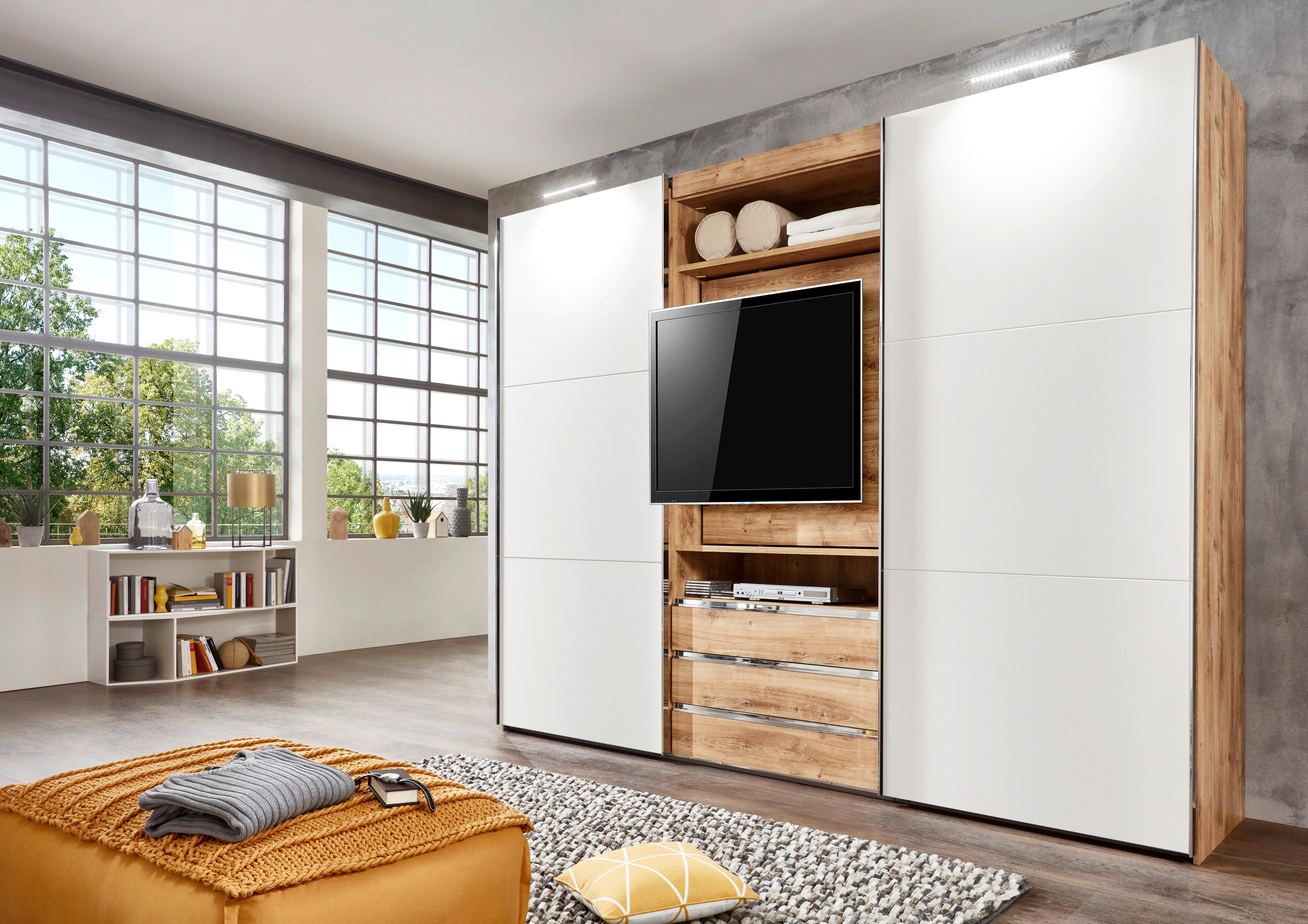 Schwebetürenschrank  mit Regal B: 300 cm Magic, Weiß/Eichef. - Eichefarben/Weiß, MODERN, Holzwerkstoff (300/216/65cm) - MID.YOU